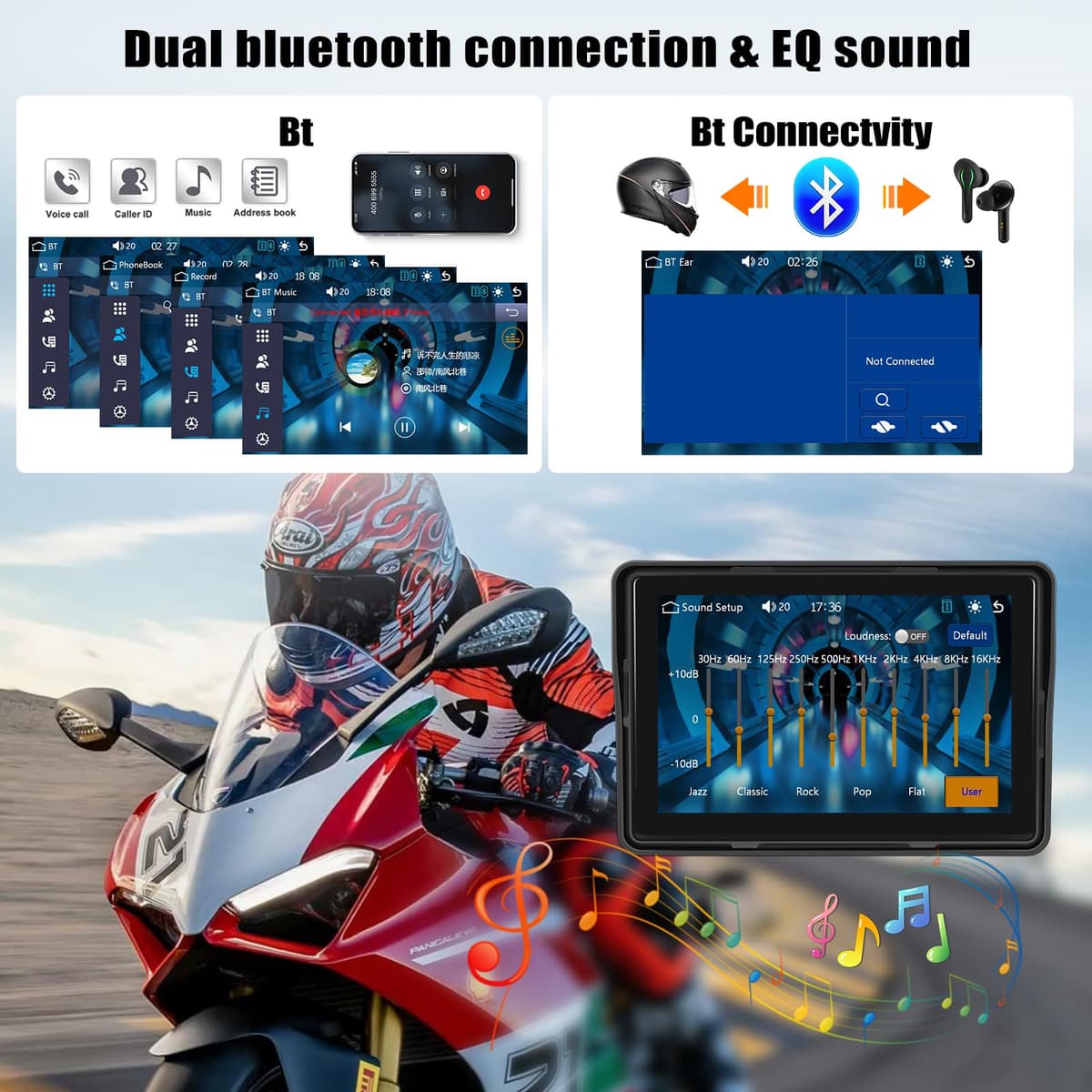 CAMECHO Carplay Moto Navi Display para Motorbike, 5 Pulgadas HD Pantalla Táctil Impermeable Motocicleta Dispositivos de Navegación con Wireless Carplay Android Auto Bluetooth GPS FM EQ Sonido — view 5