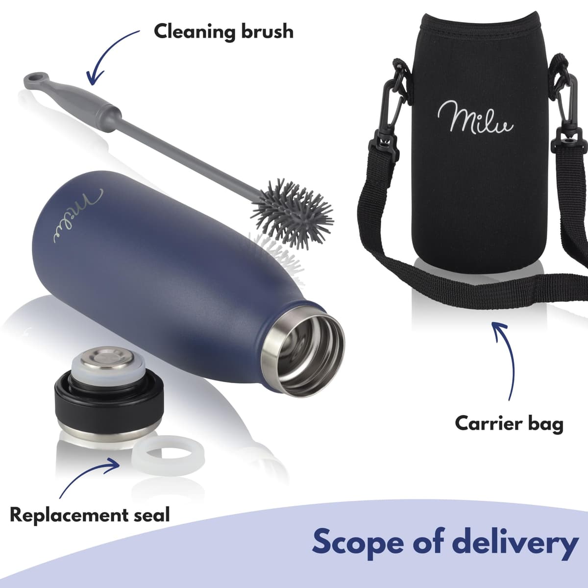 Milu Stainless Steel Drinking Bottle 350 ml - Insulated Thermo Flask for Water - Leak Proof, Insulated and Double Walled, Carbonated (Navy Blue, 350ml) — view 5