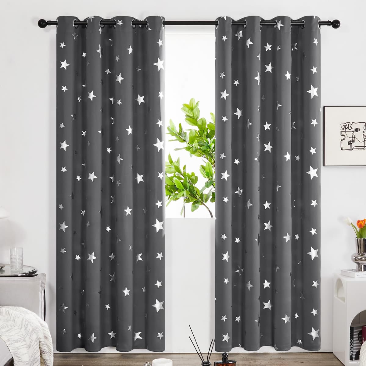 Deconovo Navy Blue Curtains for Living Room Super Soft Thermal Insulated Star Foil Printed Eyelet Blackout Curtains 46 x 54 Inch 2 Panels — view 33