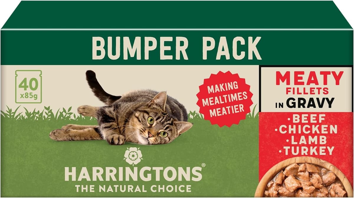 Harringtons Complete Wet Pouch Grain Free Hypoallergenic Adult Cat Food Meaty in Gravy Pack 40x85g - Beef, Chicken, Lamb & Turkey - Making Mealtimes Meatier