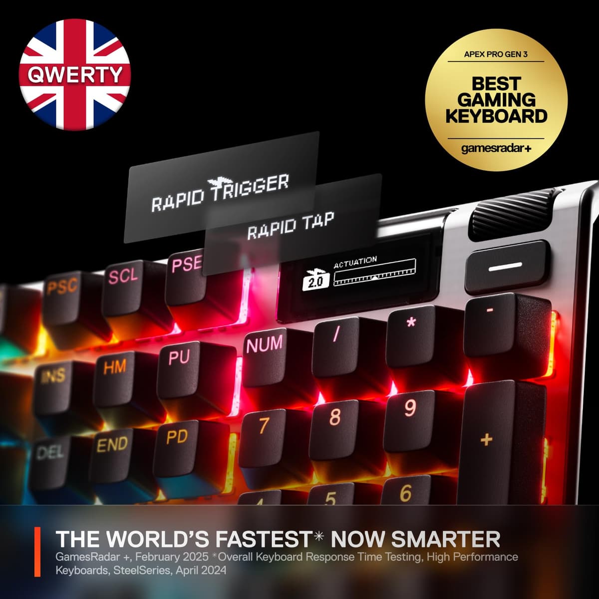 SteelSeries Apex Pro Gen 3 - Gaming Keyboard - Hall Effect Switches; OmniPoint 3.0 - Adjustable Actuation - Game-Ready Presets - Rapid Trigger, Protection Mode, Rapid Tap/SOCD - English QWERTY — view 3