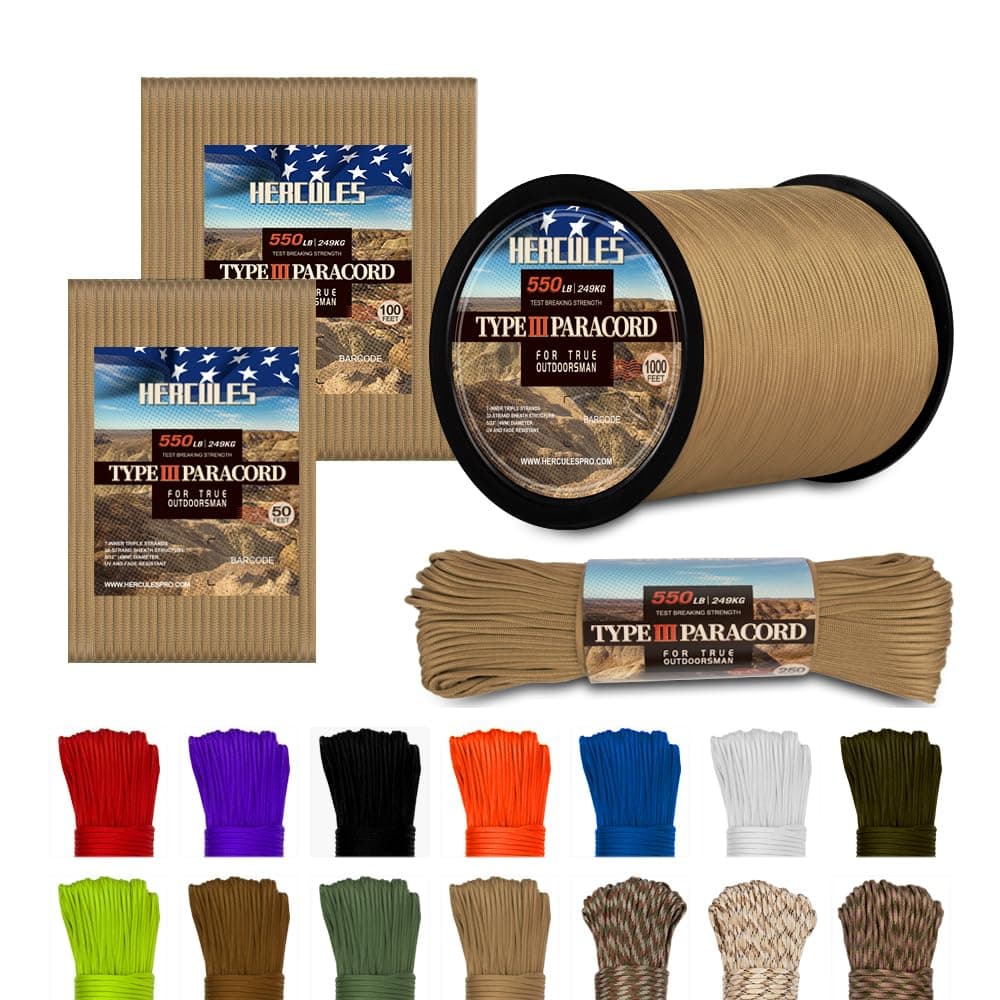 HERCULES Cuerda de paracaídas Tipo III Paracord 550, Cuerda de paracaídas de 50 pies, Color marrón Desierto para Cuerda de Camping, Cuerda de Supervivencia