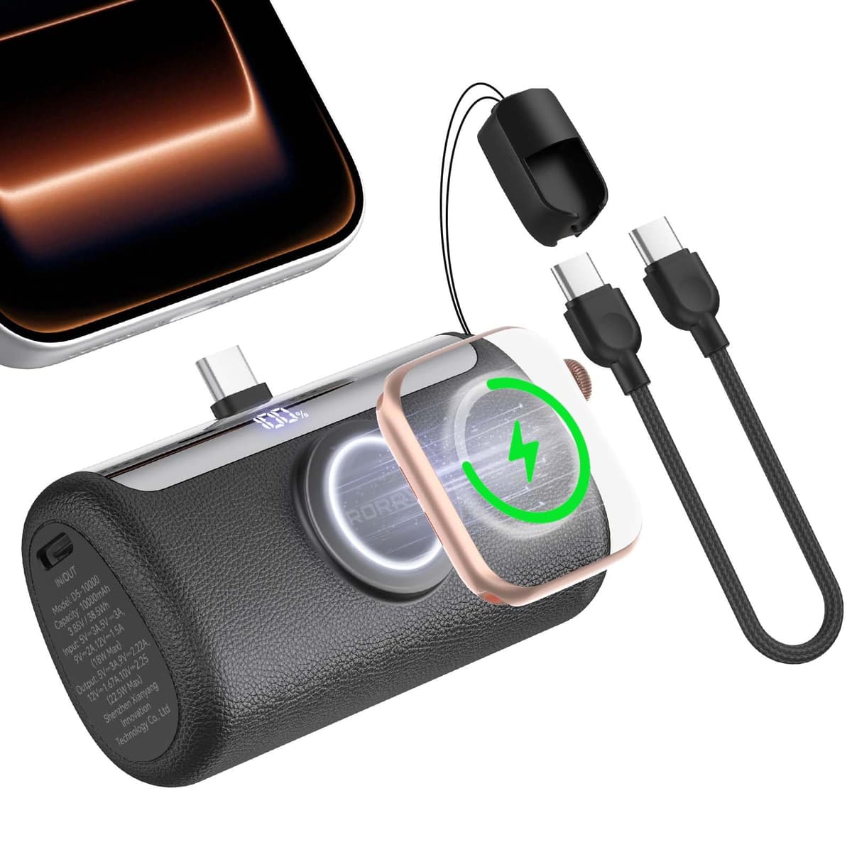 RORRY PalmGo Portable Charger, 10000mAh PD 22.5W Fast Charging Mini Power Bank with Built-in USB C Connector, 3-in-1 Battery Pack for iPhone 17/16/15 Pro/Max, Apple Watch Ultra/11/10/SE, iPad, Pink — view 11