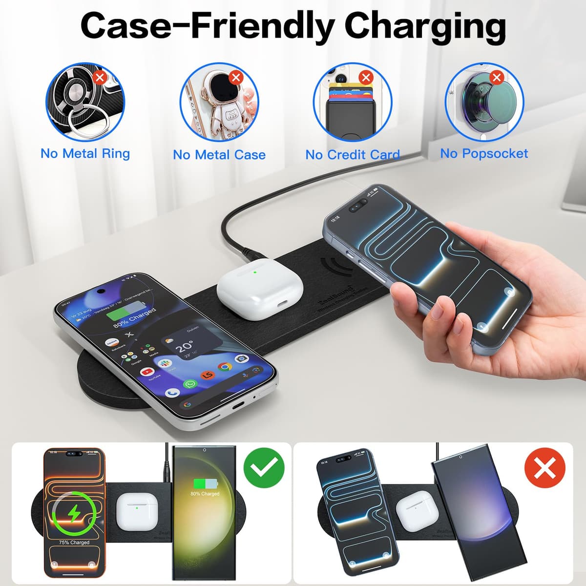 ZealSound 3-in-1 Wireless Charger Pad for Multi Devices - Ultra-Slim PU Leather Triple Wireless Charging Mat for Smartphones & Earbuds, Compatible with iPhones, AirPods, Galaxy Buds, Incl. 36W UK Plug — view 7