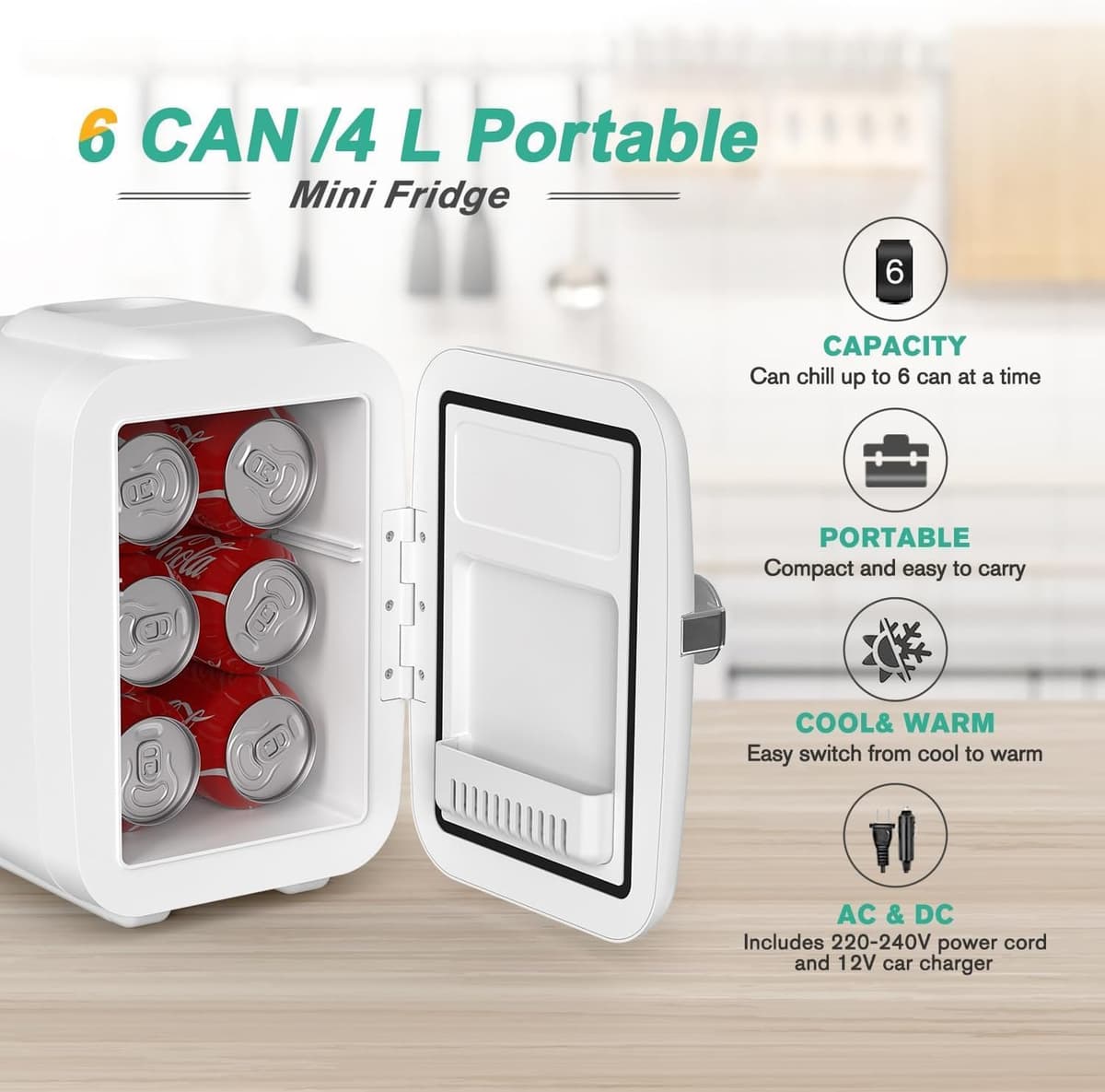 CROWNFUL Mini Fridge, 4 Liter 6 Can Portable Cooler and Warmer, Personal Fridge for Skin Care, Cosmetics, Food, Great for Bedroom, Office, Car, Dorm, ETL Listed (White) — view 2