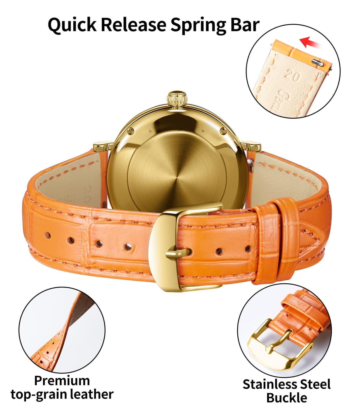 BINLUN Quick Release Leather Watch Straps Replacement Watch Bands Smart Watch Strap Crocodile Pattern in 10 Colors 13 Sizes with Silver/Gold/Rose-Gold Buckle for Men Women(10mm-24mm) — view 29