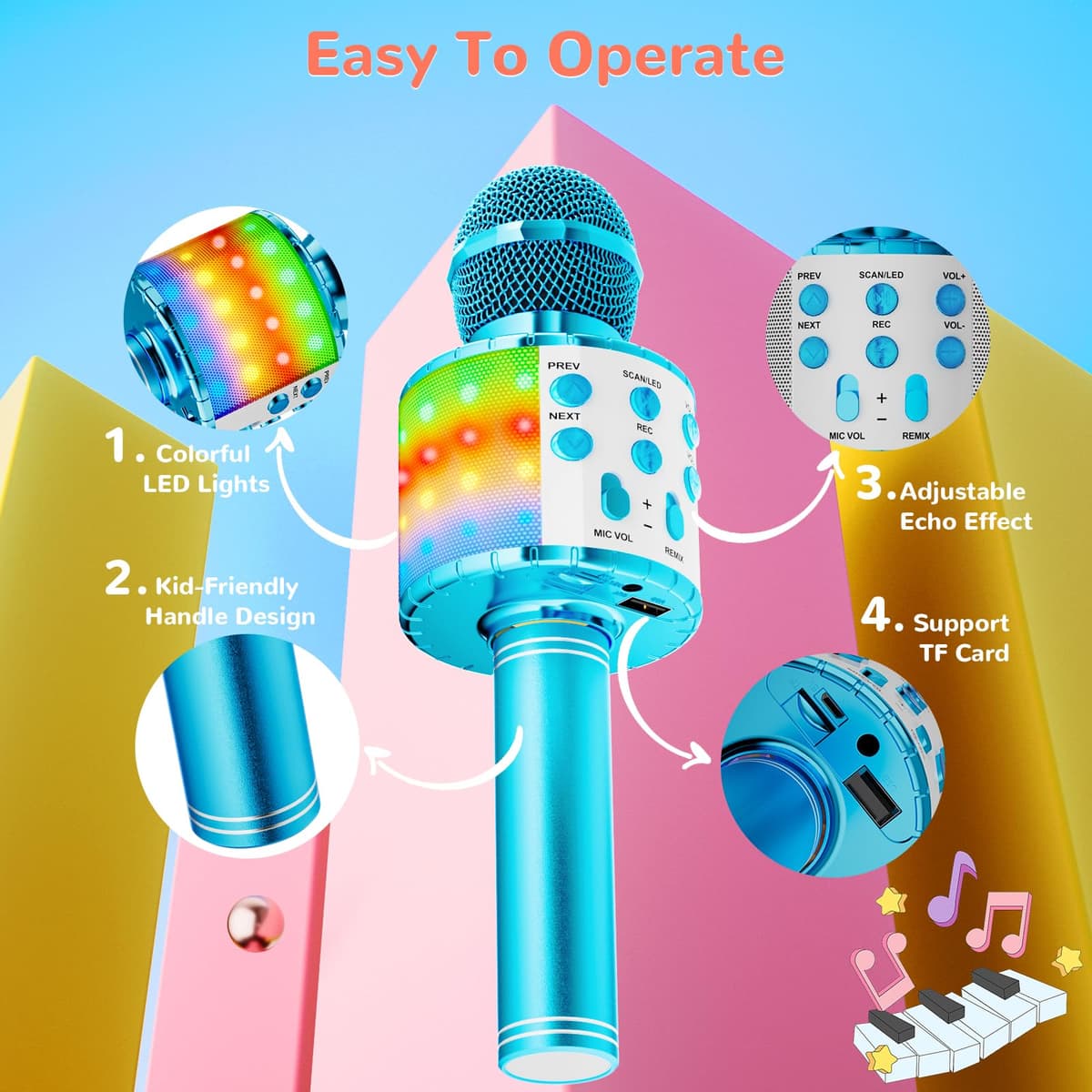 Ankuka Micrófono Karaoke Bluetooth Micrófono Inalámbrico Karaoke Micrófono Niña con Luces LED Regalo Juguetes para Niños Micrófono Cambiador de Voz, Compatible con Android, iOS, PC Azul — view 3