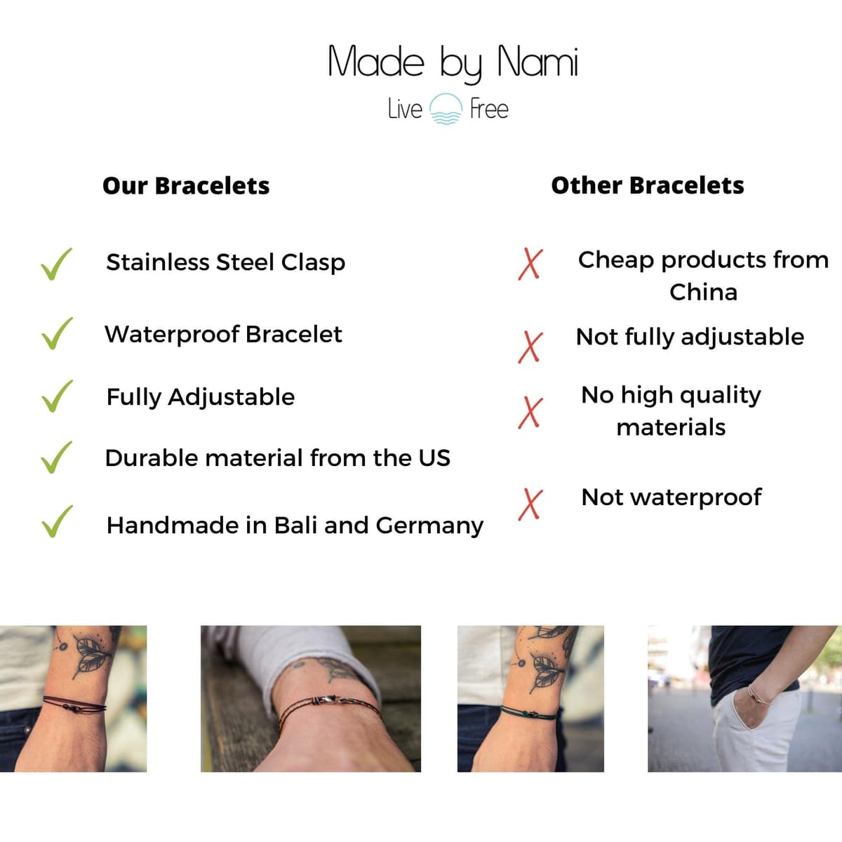 Made by Nami Pulsera Fina para Hombres y Mujeres con Cierre de Mosquetón Hecha a Mano - Joyería Marítima para Surfistas - Pulsera de Tela Minimalista - 100% Impermeable y Ajustable (Vino Rojo Negro) — view 6