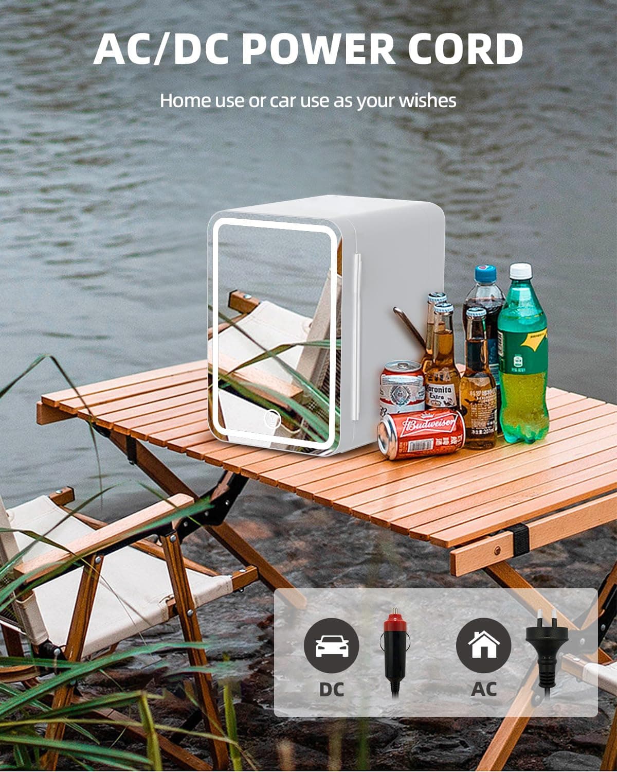 MoraRise 6L Mini Fridge for Bedrooms, Portable Cooler & Warmer Skincare Fridge with LED Mirror, AC/DC Compact Beauty Fridge for Food, Car, Home, Office, Drinks, Cosmetic, Skin care (White, 6L) — view 5
