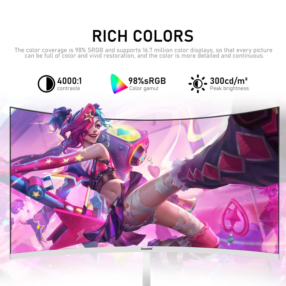 Gawfolk 27 Inch PC computer screen,1800R Curved Gaming 280Hz Monitors, FHD1080p 1ms without Bezel, freesync, 98%sRGB,178 ° Angle View HDMI DisplayPort, Compatible with Wall-Mounted VESA100*100MM-White — view 5
