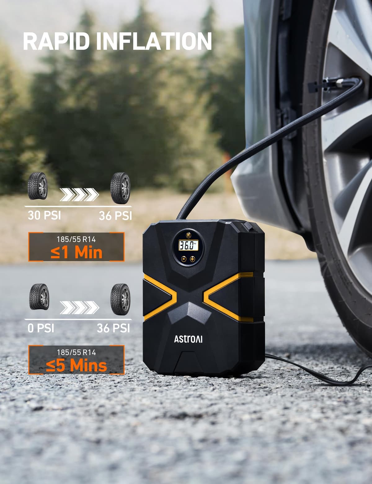AstroAI Tyre Inflator Air Compressor 12V DC, Car Accessories Digital Tyre Pump 150 PSI, Preset Tyre Pressure & Auto Shutoff, Electric tyre Pumps for Cars Motorcycles Bikes (Black&Yellow) — view 4
