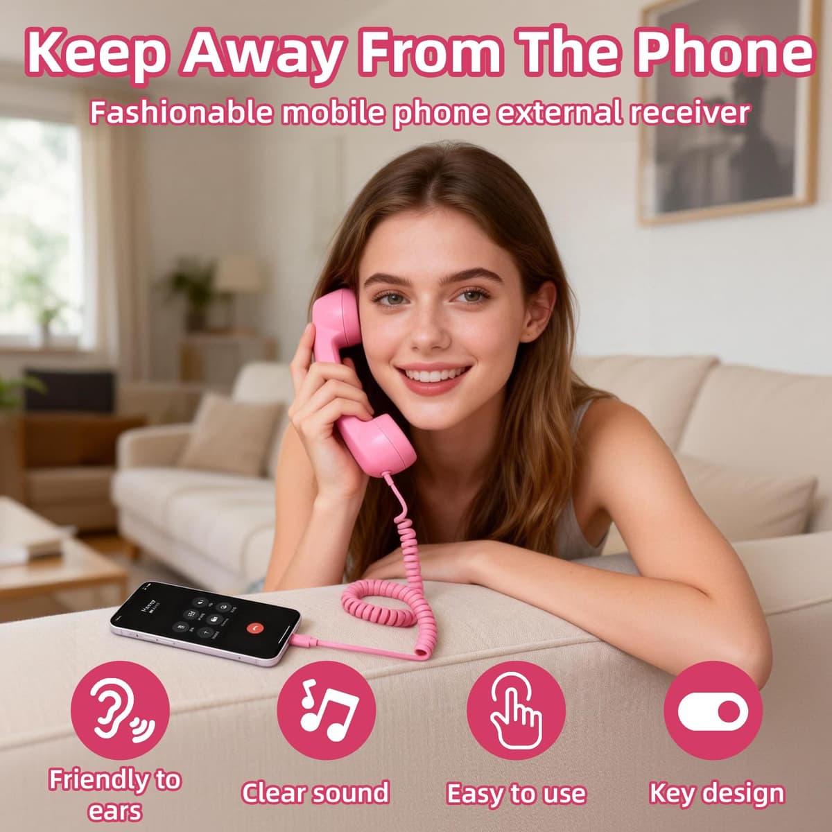 Retro Phone Handset for iPhone & Android, 2026 New Type-C Wired Receiver with Microphone & Speaker, Vintage Landline Style Handle for Noise Cancelling Calls, Meetings, and Home Office Desk Use (Pink) — view 3