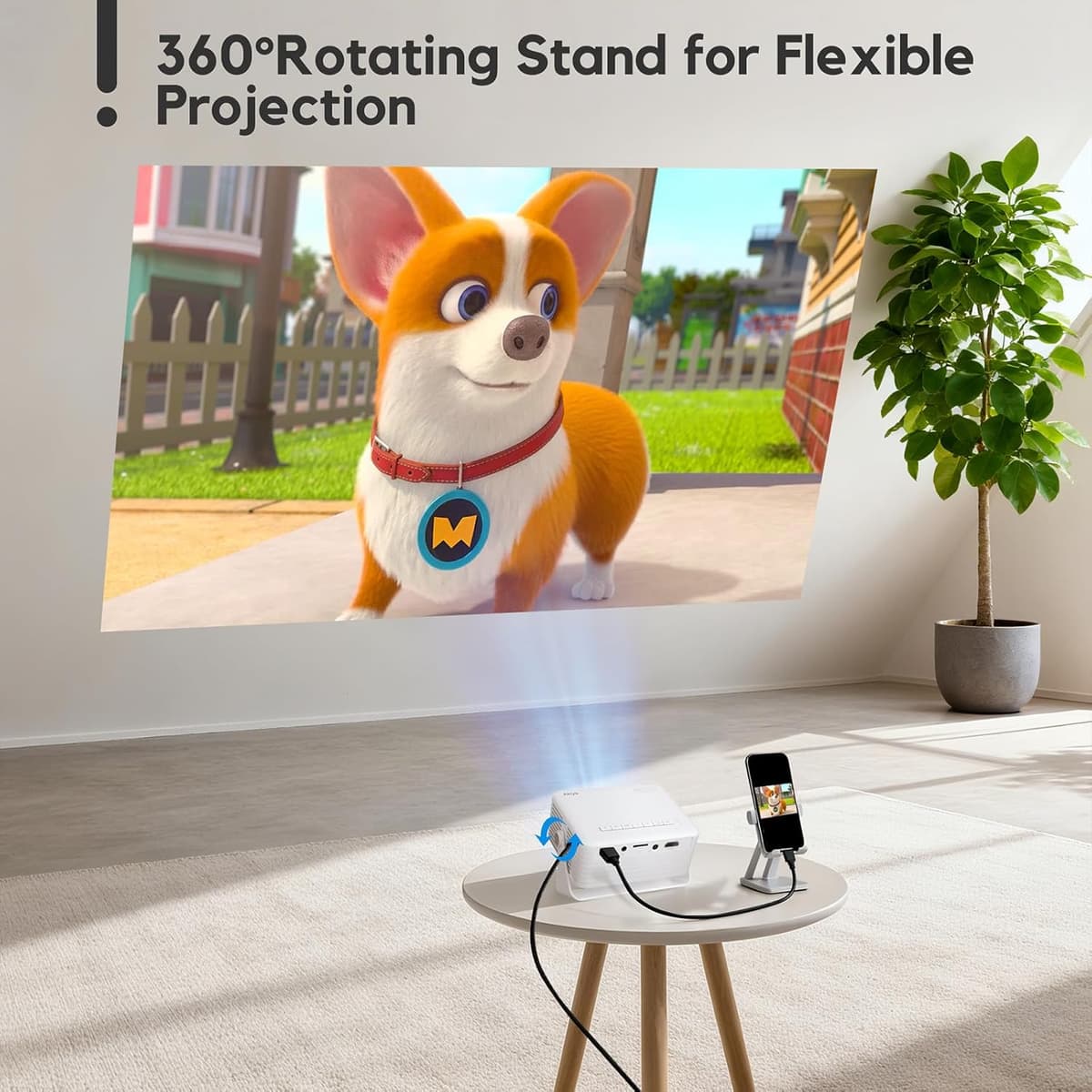 Mini Projector, AKIYO O1 2026 Upgraded 15000Lumen Projector, 360° Rotating, Auto Keystone, 50% Zoom, Portable Projectors 1080P Full HD Supported, Compatible with iOS/Android/TV Stick/HDMI/USB/Switch — view 4