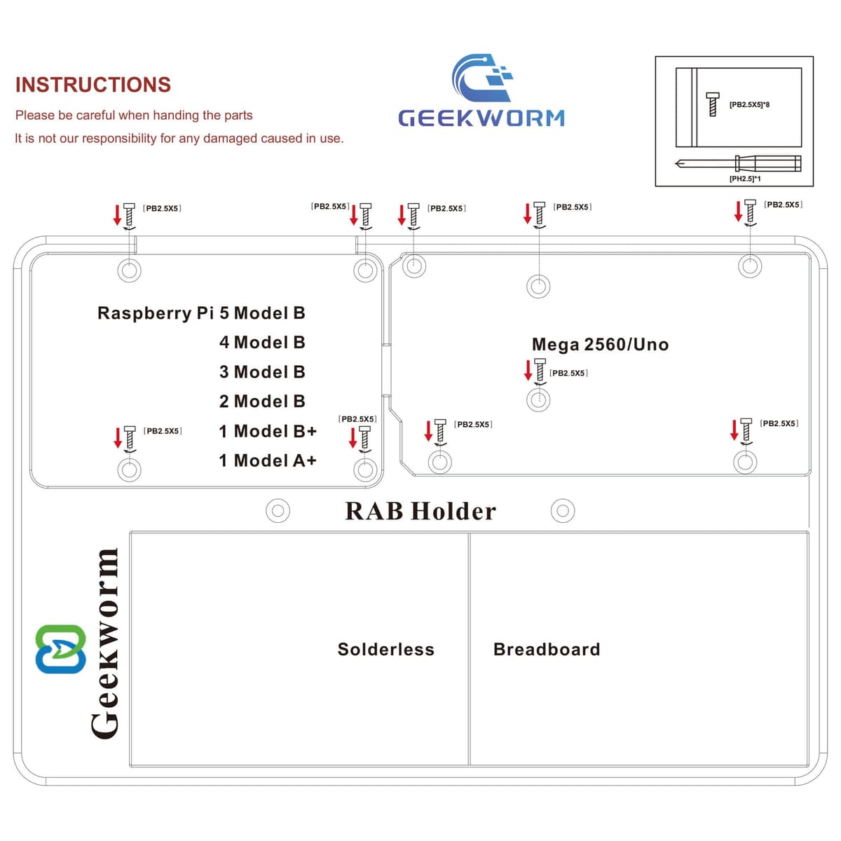 Geekworm RAB Holder Breadboard Base – Compatible with Arduino UNO R4 Minima/WiFi/R3/Mega 2560, Raspberry Pi 5/4B/3B+/3B, 400/830 Point Breadboards – Stable Platform for Education, DIY, and Prototyping — view 5