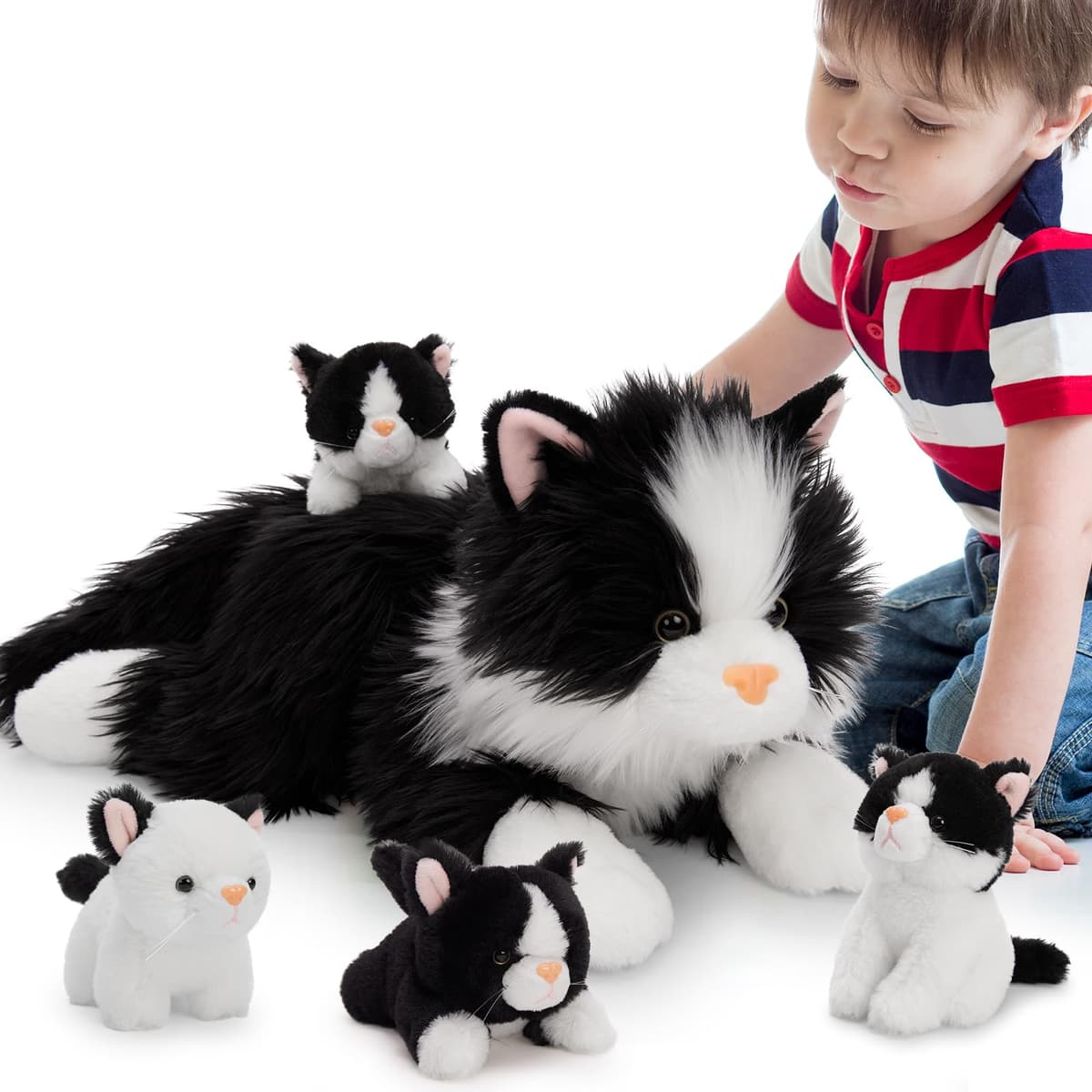 MorisMos Cat Teddy with Kitten Babies inside, Lifelike Cuddly Kitty Stuffed Animal Plush Soft Toys, Kawaii Presents for Kids Girls Boys Birthday Party Decoration (White and Black 50cm) — view 4