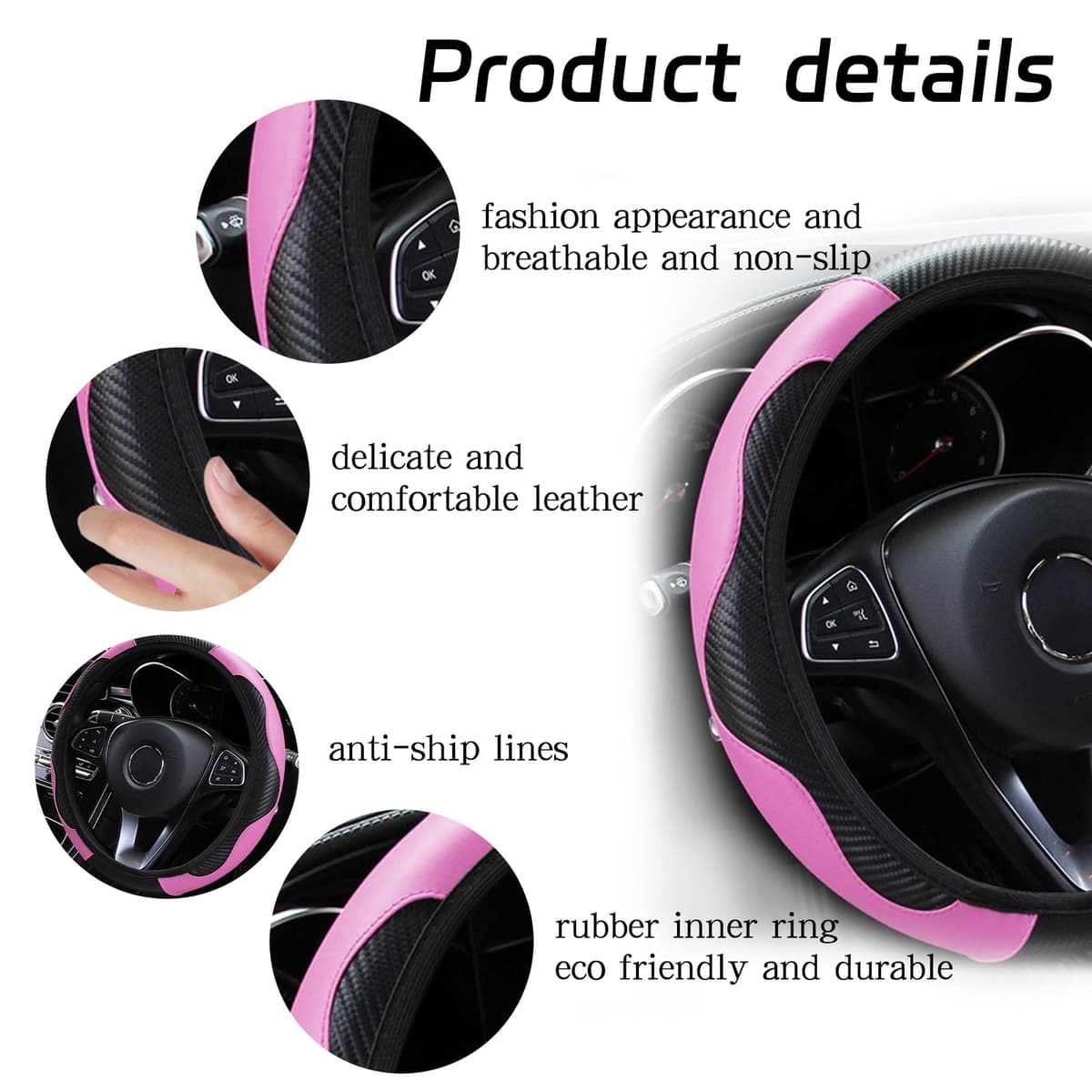 Elegant Pink Steering Wheel Cover for Cars, Universal 14.5-15 Inch Stretchable Design, Soft Leather Car Steering Wheel Cover, Anti-Slip, Breathable Steering Wheel Protector Cover — view 2
