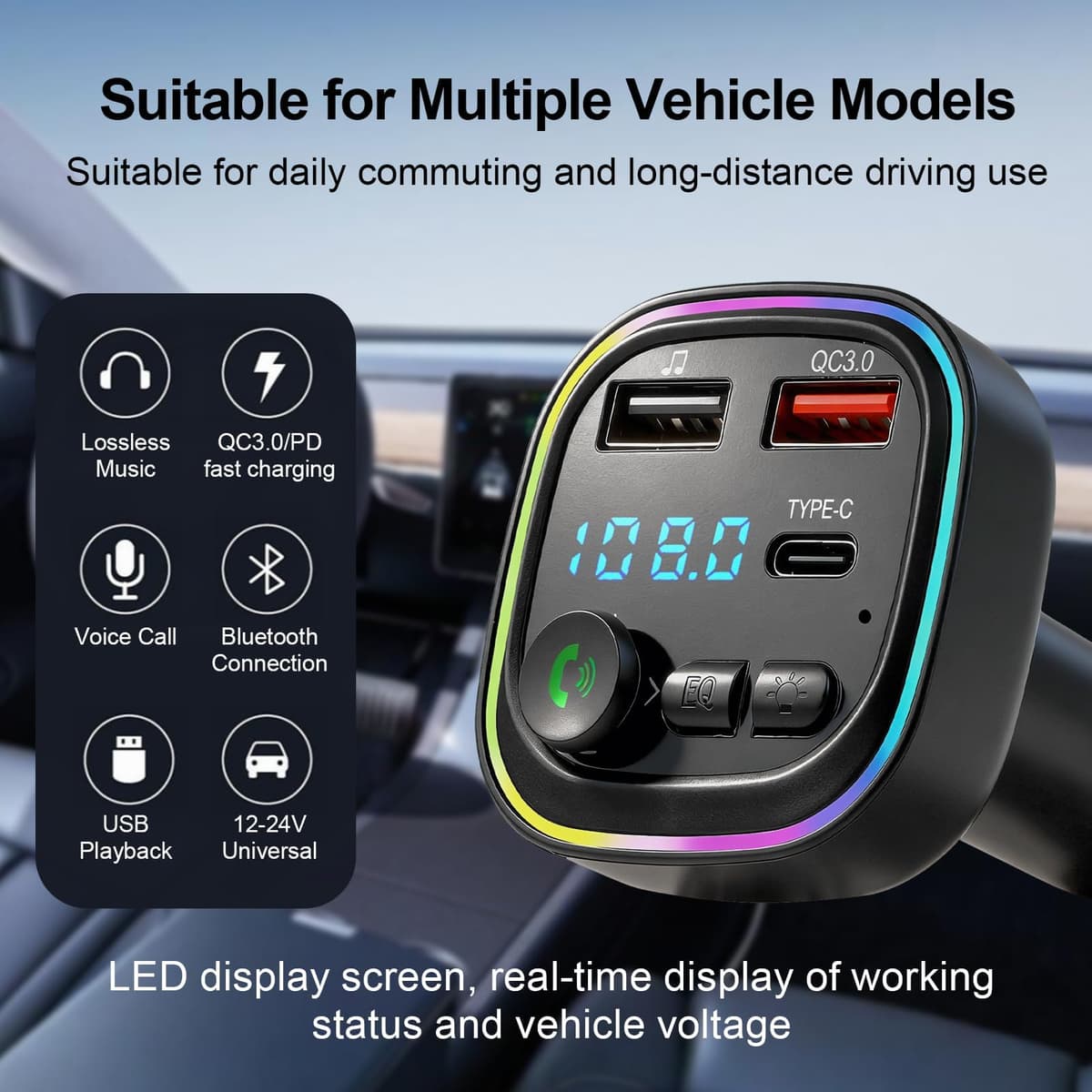Bluetooth Car Adapter FM Transmitter PD 30W Fast Charging, QC3.0 USB C Cigarette Lighter Adapter with LED Display, Wireless Music and Hands Free Calling Use — view 5