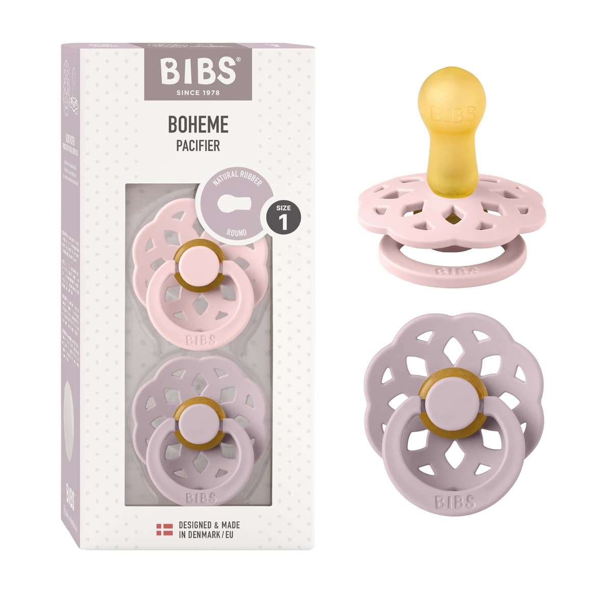 BIBS Boheme Soother 2-Pack. BPA Free. Round Nipple. Natural Rubber Latex, Made in Denmark. Size 2 (6-18 Months), Blossom/Dusky Lilac — view 24