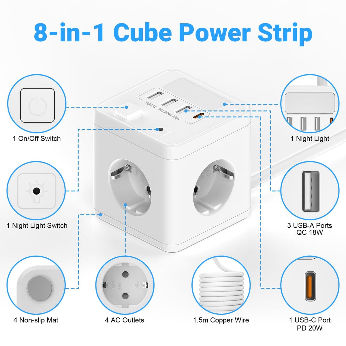 Ladron Enchufes USB C 20W con 4 Tomas, Cubo Regleta Enchufes 1.5 Cable con 1 USB C y 3 USB A, Enchufe Múltiple con Interruptor y luz Nocturna para Viajes, Cocina, Oficina — view 4