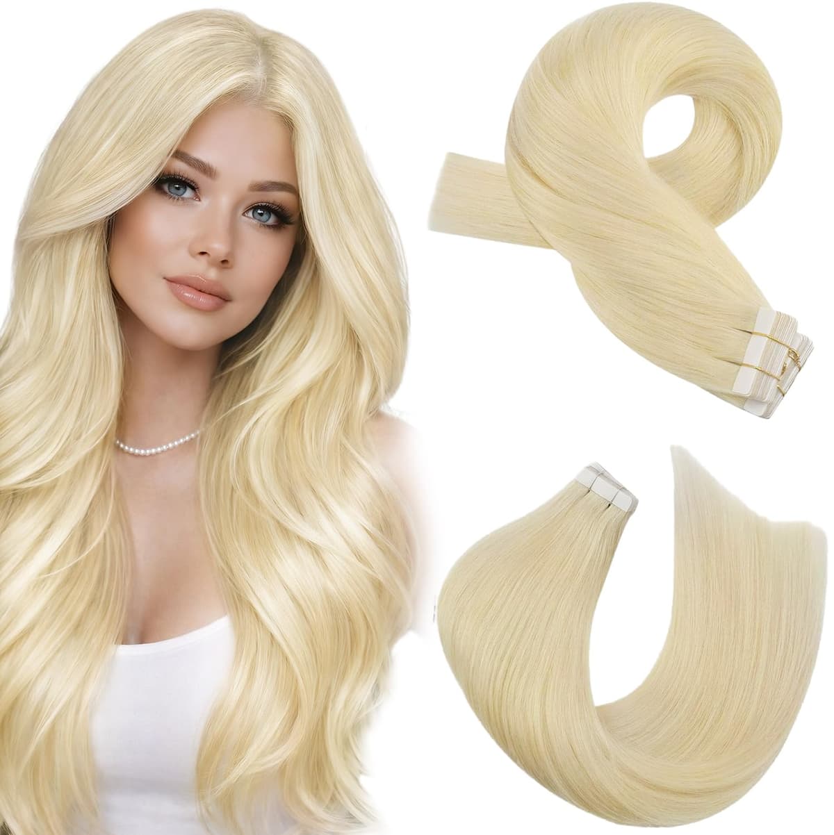 Moresoo Tape in Human Hair Extensions 20 Inch Highlight 50g/20pcs Tape in Hair Extensions Human Hair Ash Blonde with Platinum Blonde #P18/613 — view 52