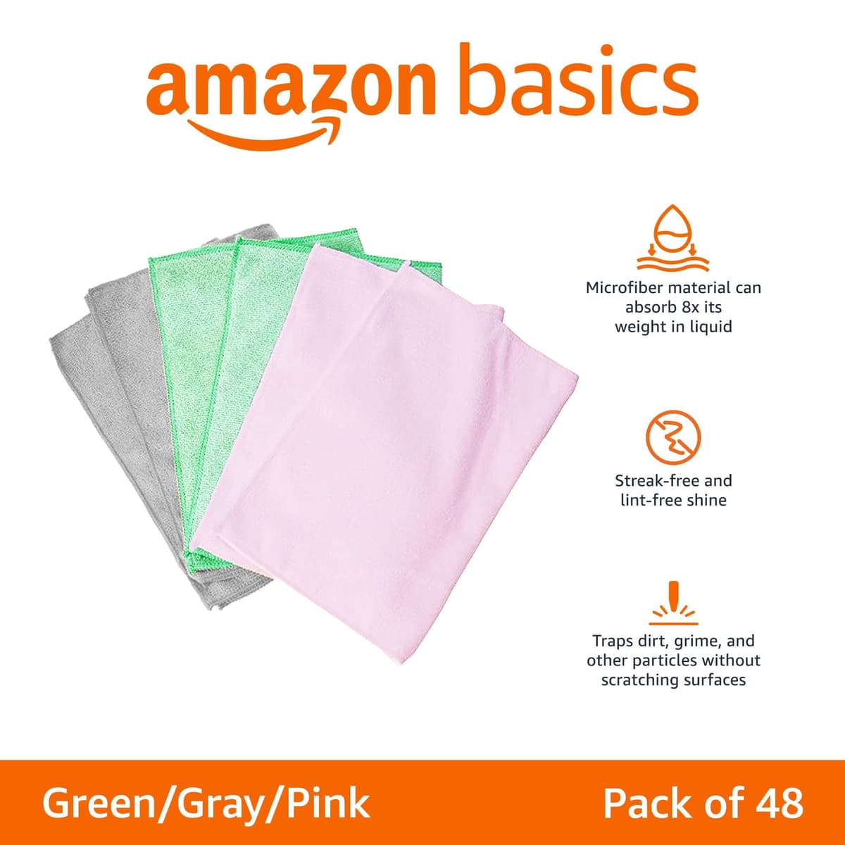 Amazon Basics - microfibra paño de limpieza, paquete de 48, 16L x 12W centímetros, Verde/Gris/Rosa — view 2