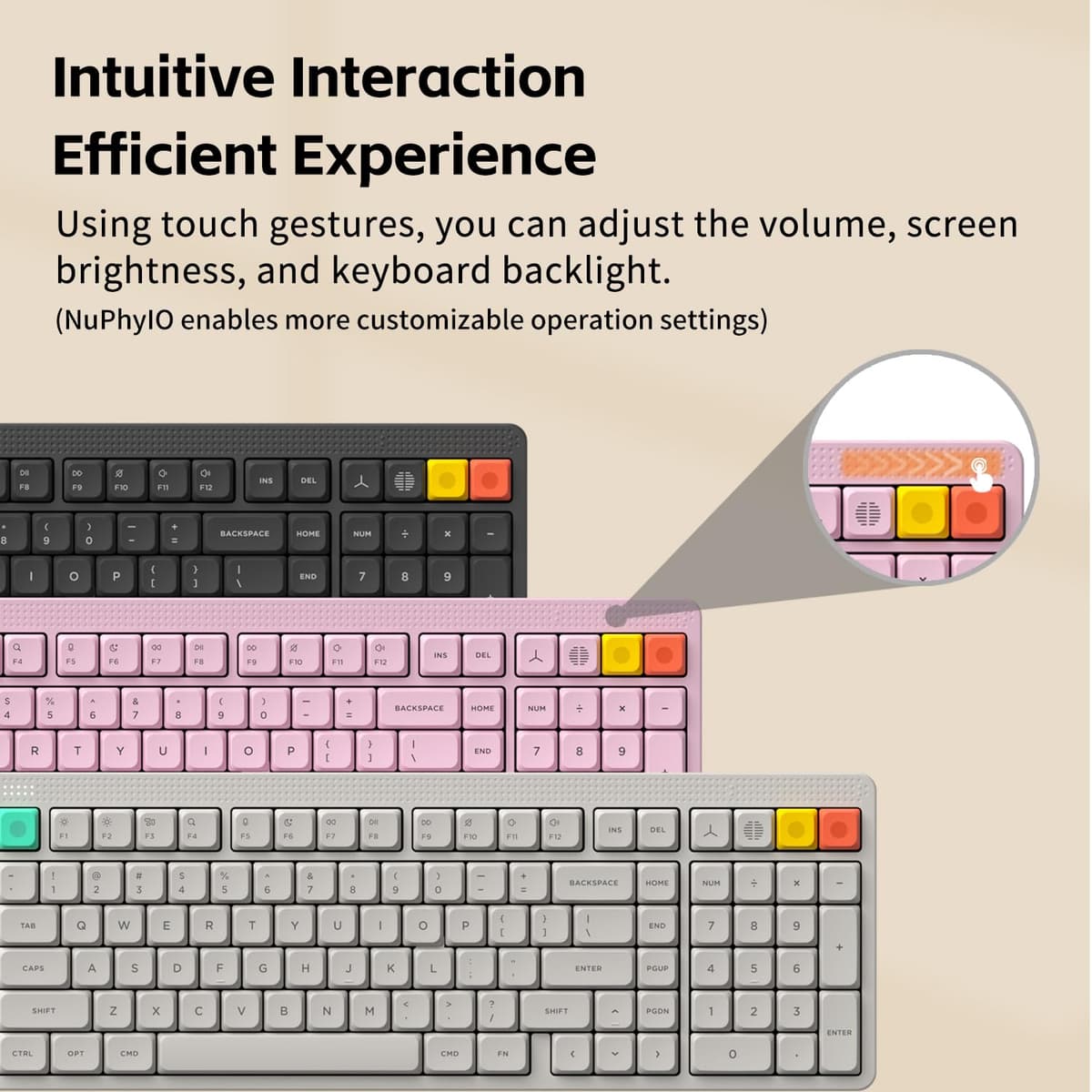 NuPhy Node100 Wireless Mechanical Keyboard, Hot Swappable Custom Low Profile Keyboard, 103 Keys Computer Gaming Keyboards, Supports Touch Gestures, PBT Keycaps, RGB Backlit, Bluetooth/2.4GHz/USB-C — view 5