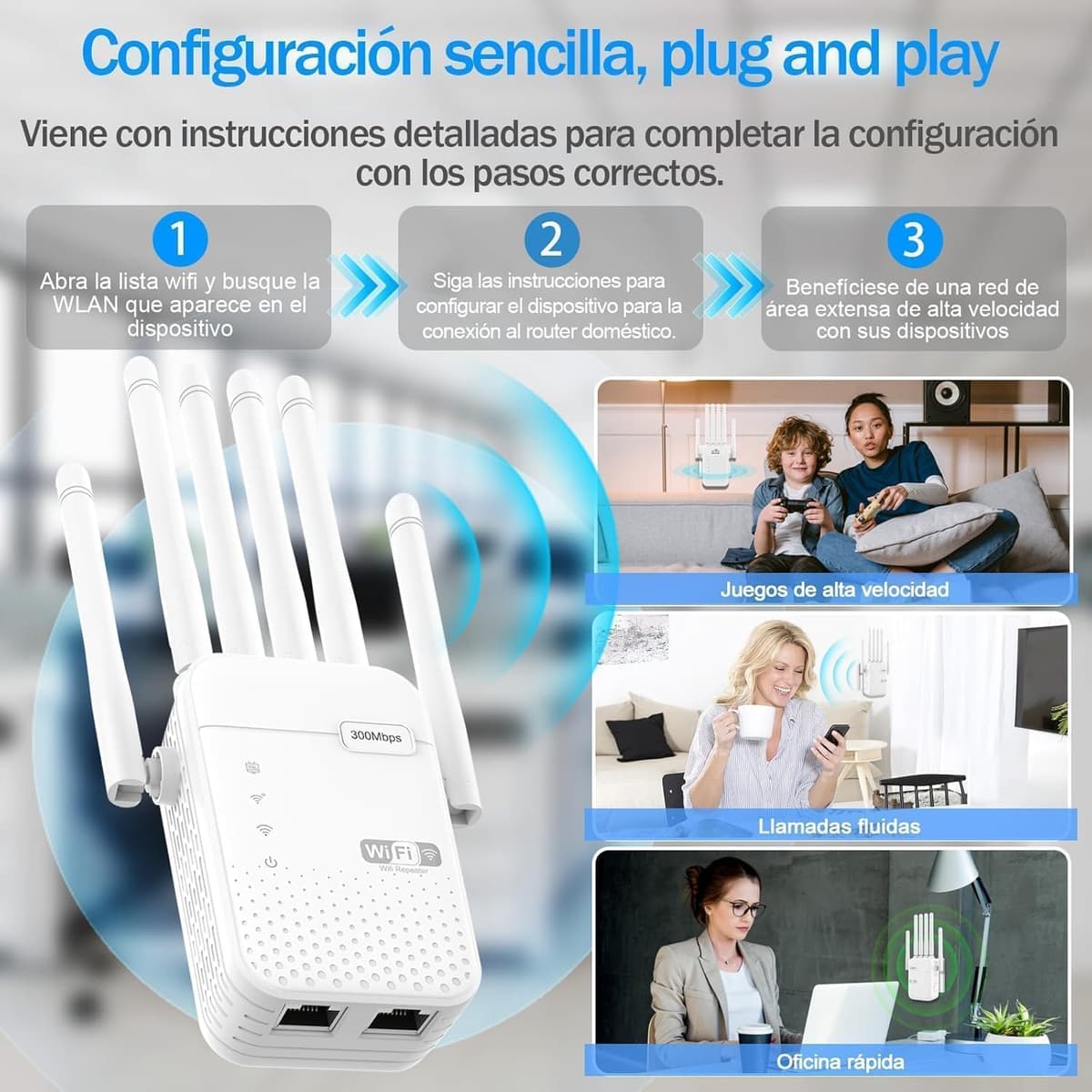 Repetidor Señal WiFi Extender,Amplificador Señal WiFi,6 Antenas,2 Puertos LAN,Repetidor WiFi Largo Alcance,Cobertura 360° de hasta 9800 m³,para Oficinas y Casa,fácil de Instalar — view 5