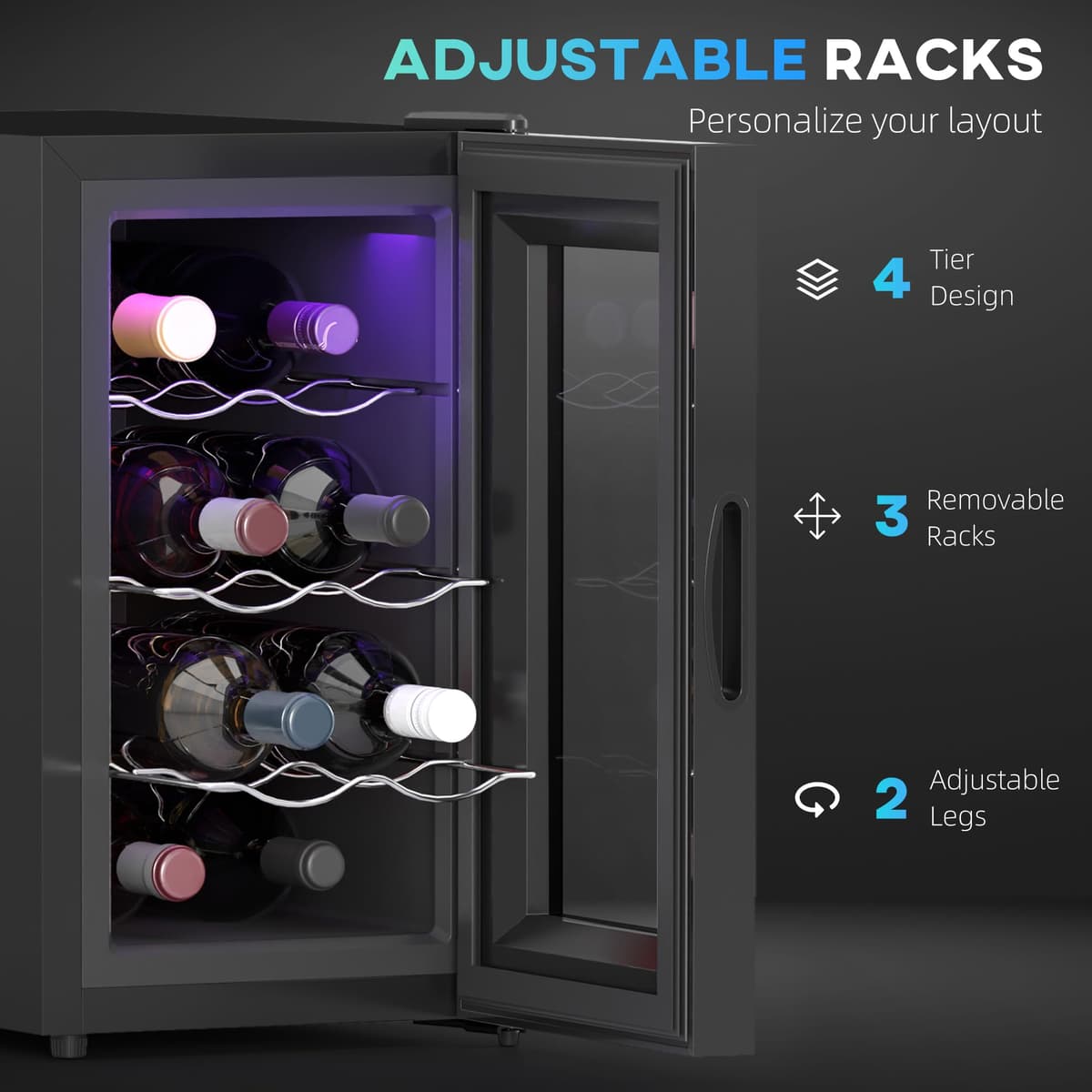 HOMCOM Mini Table Top Wine Fridge, 8 Bottle, 17L, 8-18℃, 26.5cm Quiet Under Counter Wine Cooler Fridge with Glass Door, LED Light, Digital Touch Screen, Temperature Control — view 5