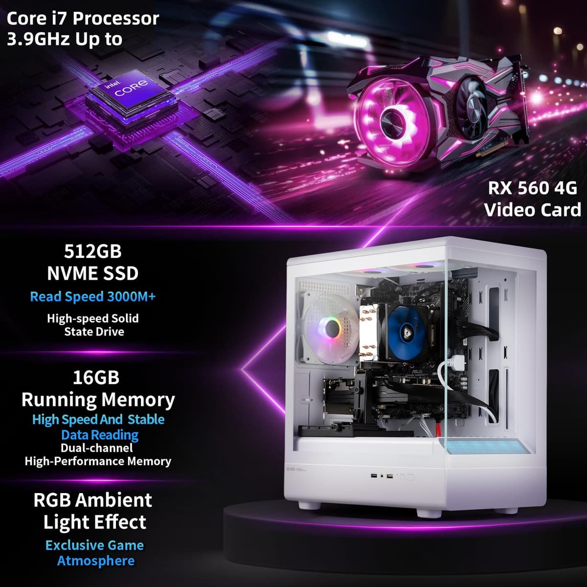 ZER-LON Gaming PC Desktop Computer, Core I7 up to 3.9GHz, Radeon RX 560 4GB GDDR5, 16G DDR3 RAM, 512GB NVME SSD, WiFi 5.0, Prebuilt Gaming PC Tower Computer with 5 RGB Fan — view 2