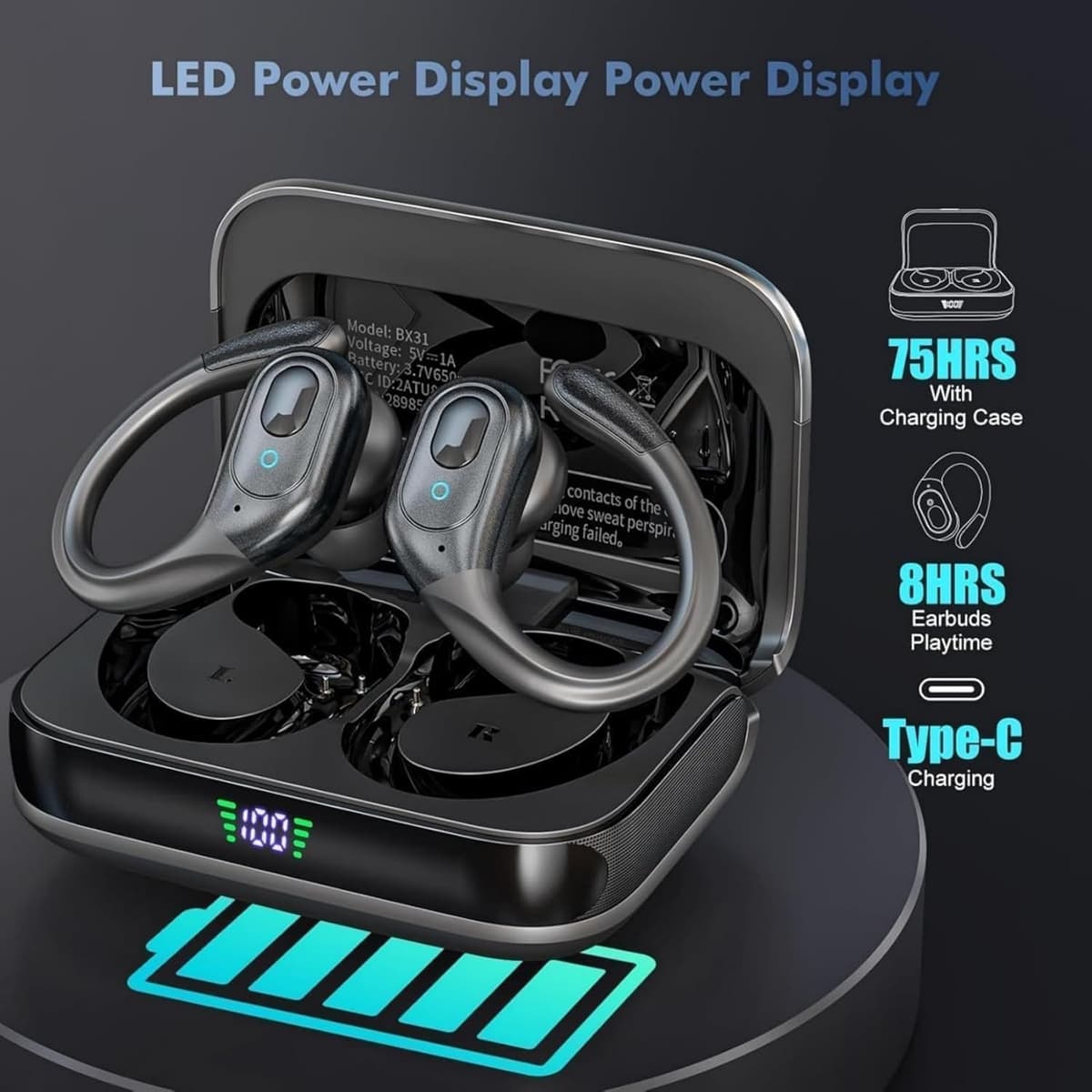 Bluetooth 5.4 Wireless Earbuds, Noise Cancelling Earbuds with 75 Hours Playtime, LED Power Display, IPX7 Waterproof Earbuds — view 2
