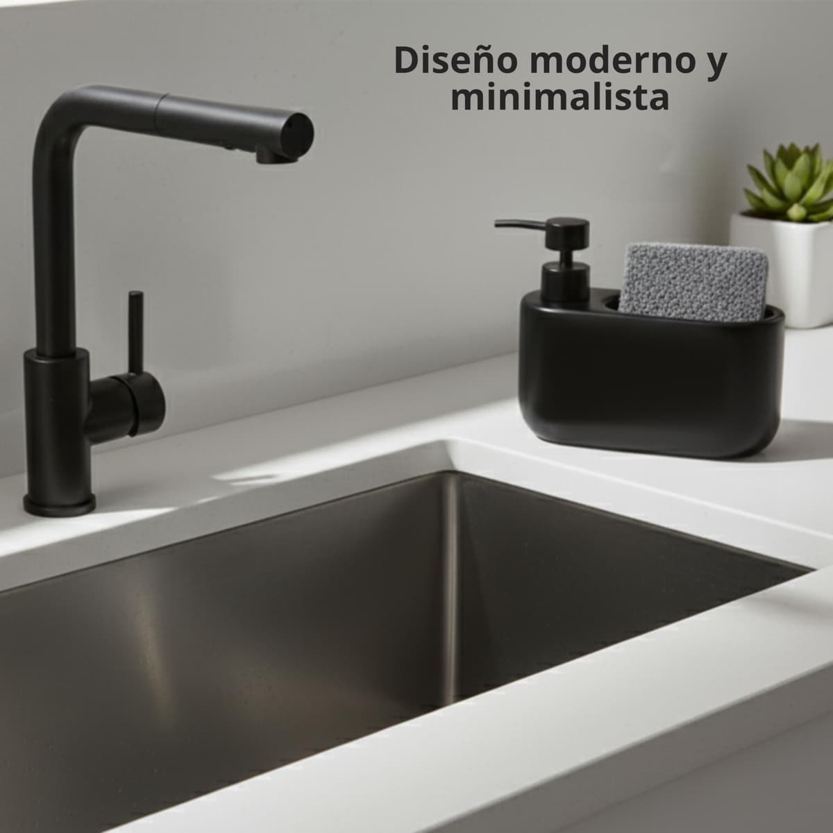 Dispensador de Jabón Cocina con Estropajero 520 ml Curve - Dosificador de Cerámica y Soporte para Esponja. Organizador de Fregadero Estrecho. 18 x 7.3 x 15 cm. - Negro Mate — view 5