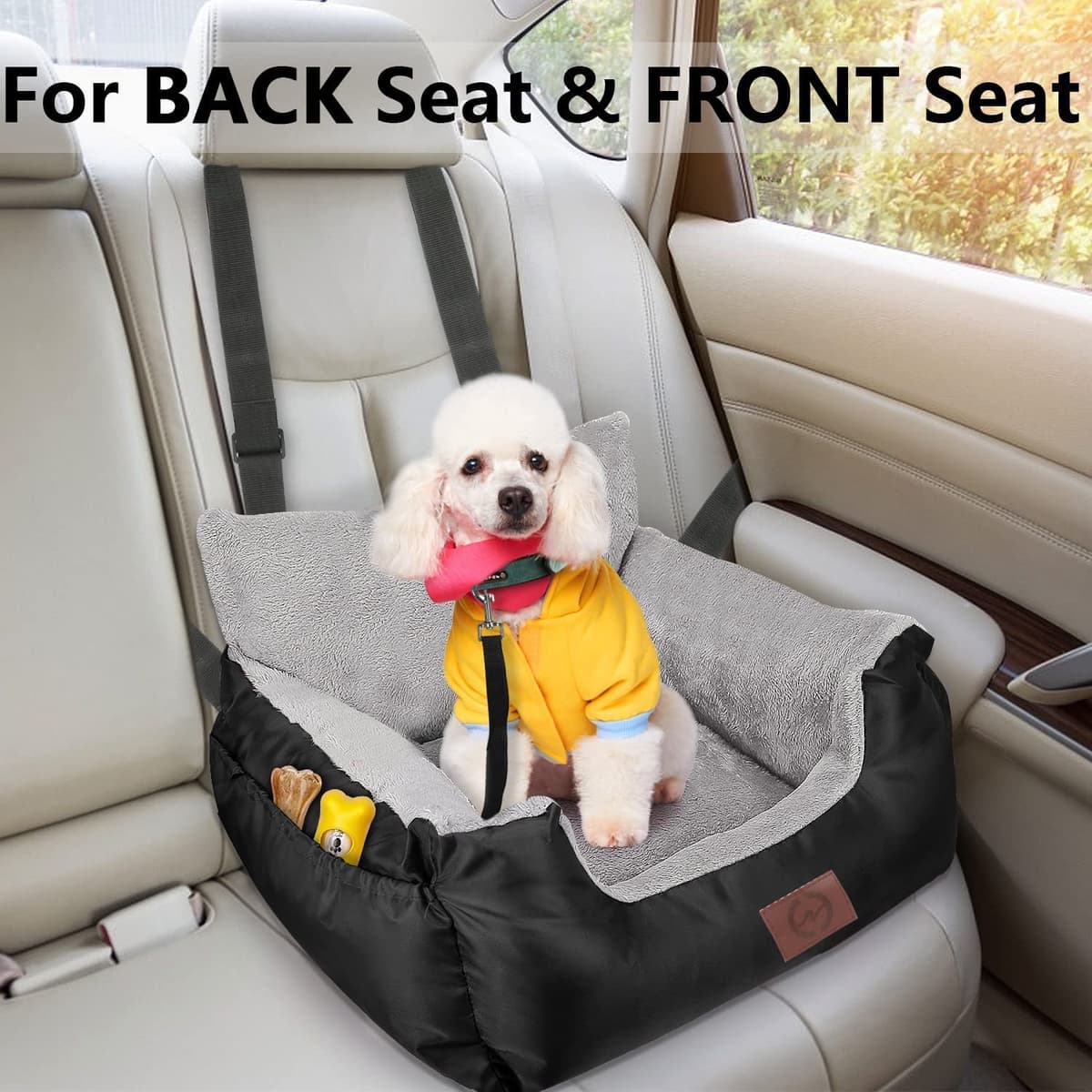 GoFirst Dog Car Seats for Small Dogs or Cats, Pet Booster Seat Travel Bed with Storage Pocket and Clip-On Safety Leash, Waterproof Warm Plush Dog Car Safety Seats,Black — view 4