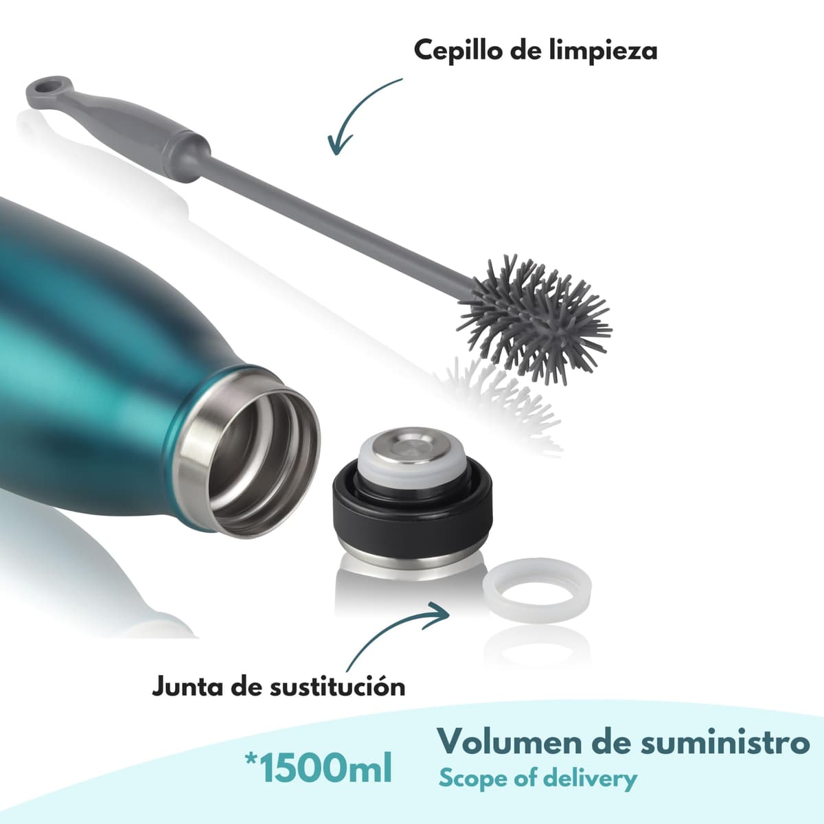 Milu Botella de acero inoxidable de 350ml 500ml 750 ml 1 L 1,5 L botella de agua aislada, termo a prueba de fugas, doble pared, apta para ácido carbónico + cepillo de limpieza (Verde, 1,5 L) — view 5