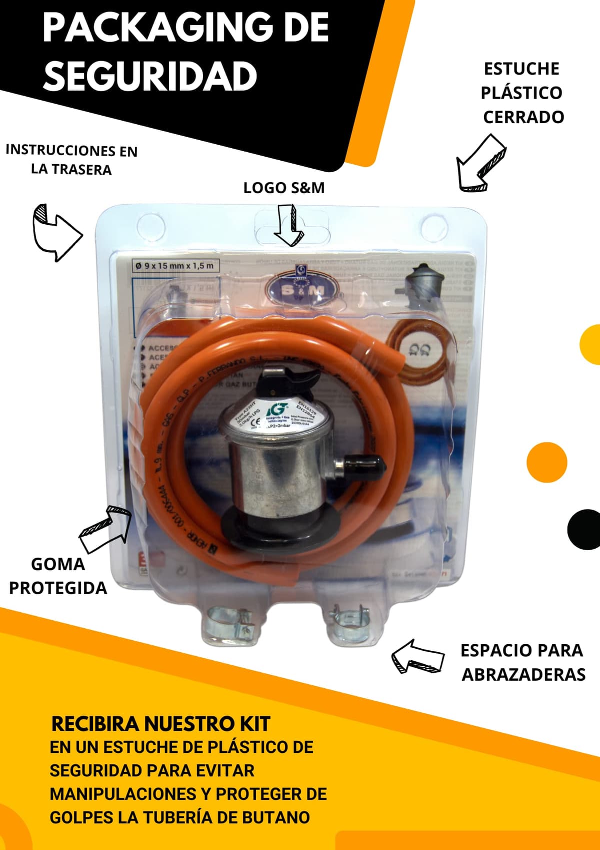 S&M 321771 - Kit completo butano: Regulador de gas butano + Tubo Goma 1,5 metros + 2 abrazaderas de seguridad | Homologado para España | Apto para cocinas, estufas, calderas y barbacoas — view 6