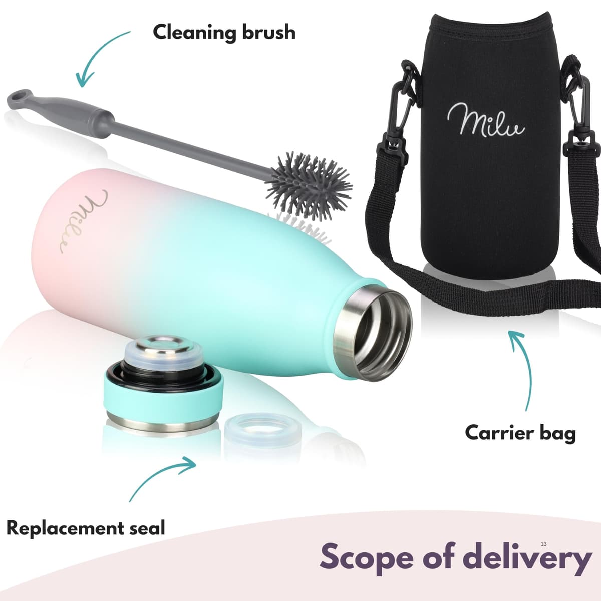 Milu Stainless Steel Drinking Bottle 350 ml - Insulated Thermo Flask for Water - Leak Proof, Insulated and Double Walled, Carbonated (Mint Pink, 350ml) — view 5