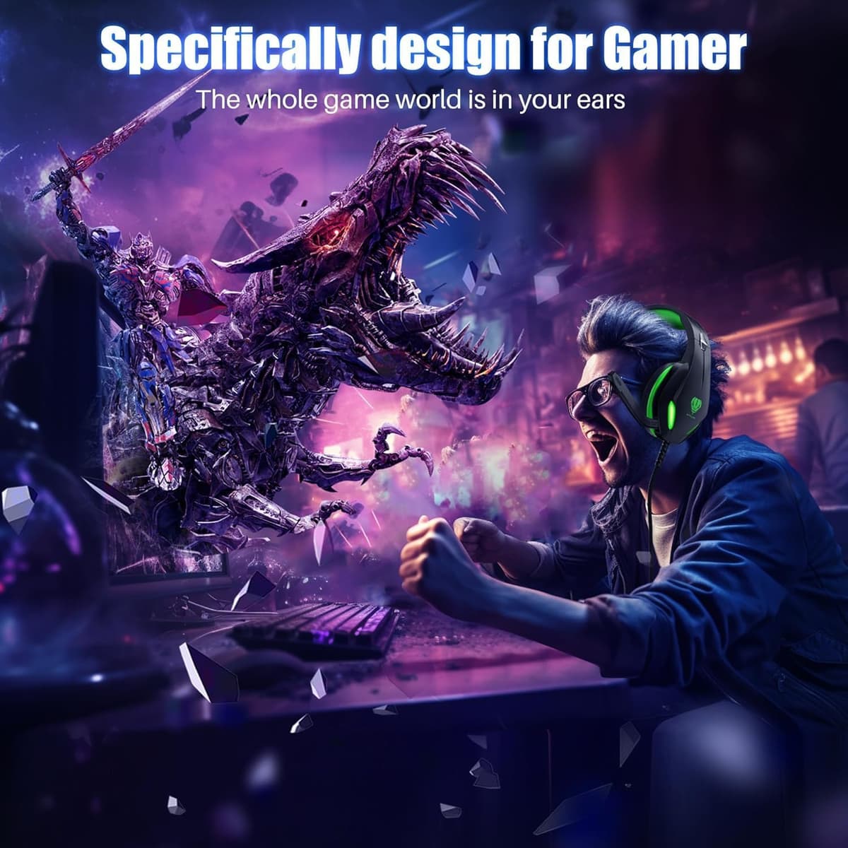 Gaming Headset with Microphone for Xbox PS5 PS4 PC - 3.5mm Jack Wired Headphones with Noise Cancelling Mic & LED - 50mm Audio Drivers & Soft Earpads Black Green — view 4