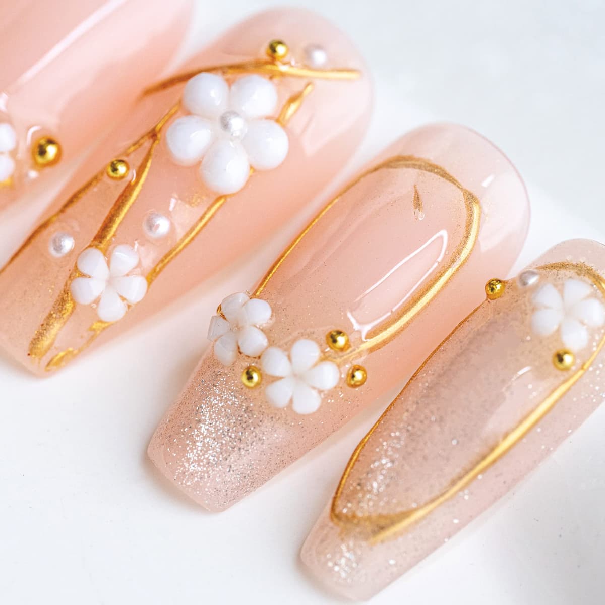 Sun&Beam Nails Handmade Press On Nail Long Coffin Ballerina Pink Flower Acrylic Fake Tip 3D Design Art Charms Cute with Storage Box 10 Pcs (S) — view 373