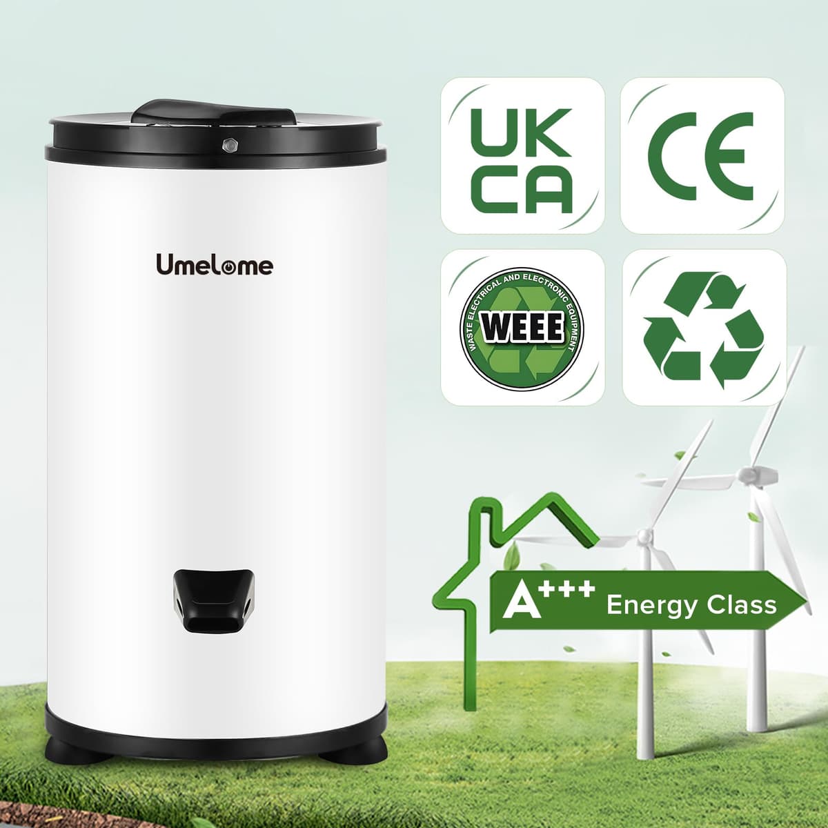 Spin Dryer 6kg by Umelome, Energy&Power Saving Spinner 2800 RPM Clothes Dryer, Energy Efficiency Class: A+++, Gravity Drain dryer, White [Energy Class A+++] — view 3
