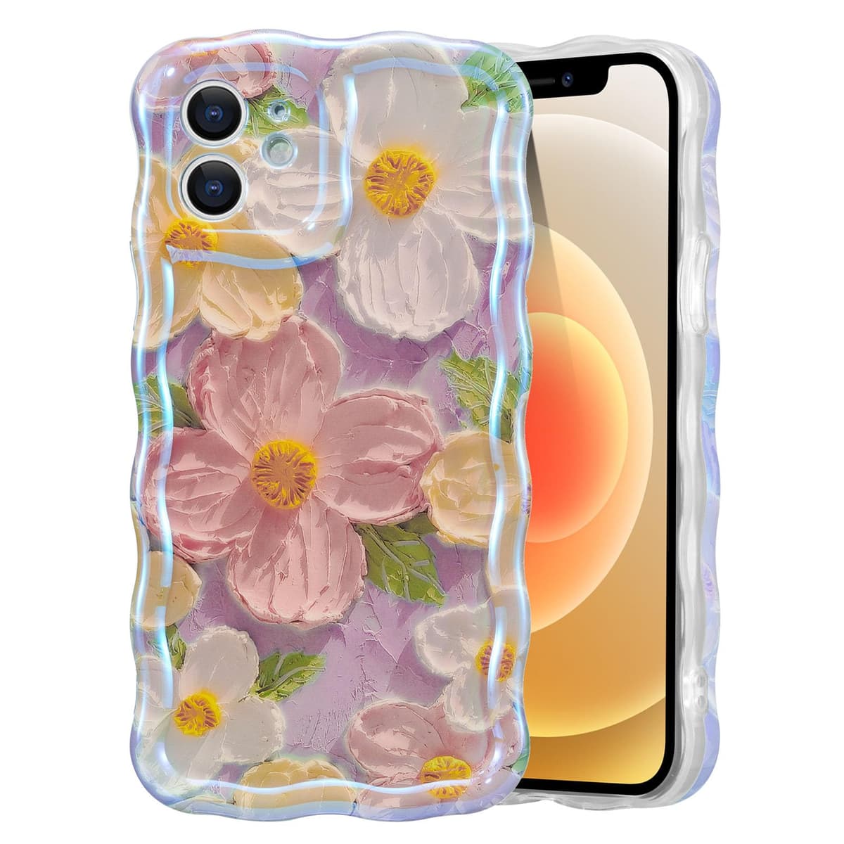 EYZUTAK Case for iPhone 16, Colorful Retro Oil Painting Printed Flower Laser Glossy Pattern Cute Curly Wave Edge Exquisite Phone Cover Stylish Durable TPU Protective Case for Girl Women-Green — view 53