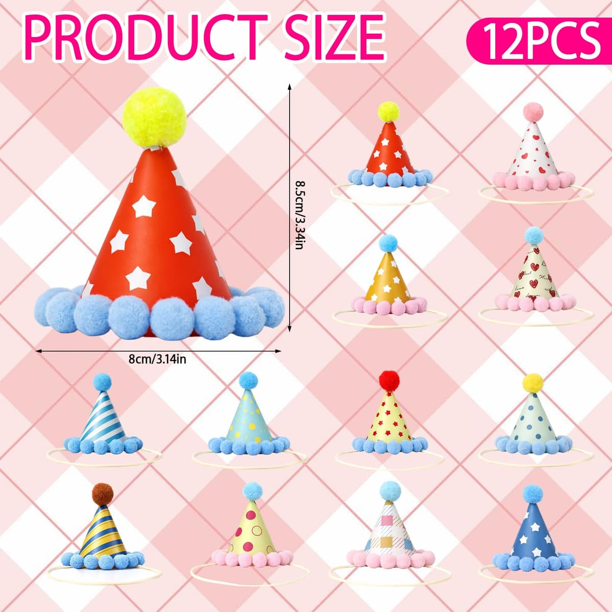 Mini Party Hats for Teddys, 12-Piece Set of Small Party Hats for Toy Animals, Perfect for Birthday Celebrations and Photo Sessions, Dimensions 8 by 8.5 cm — view 2