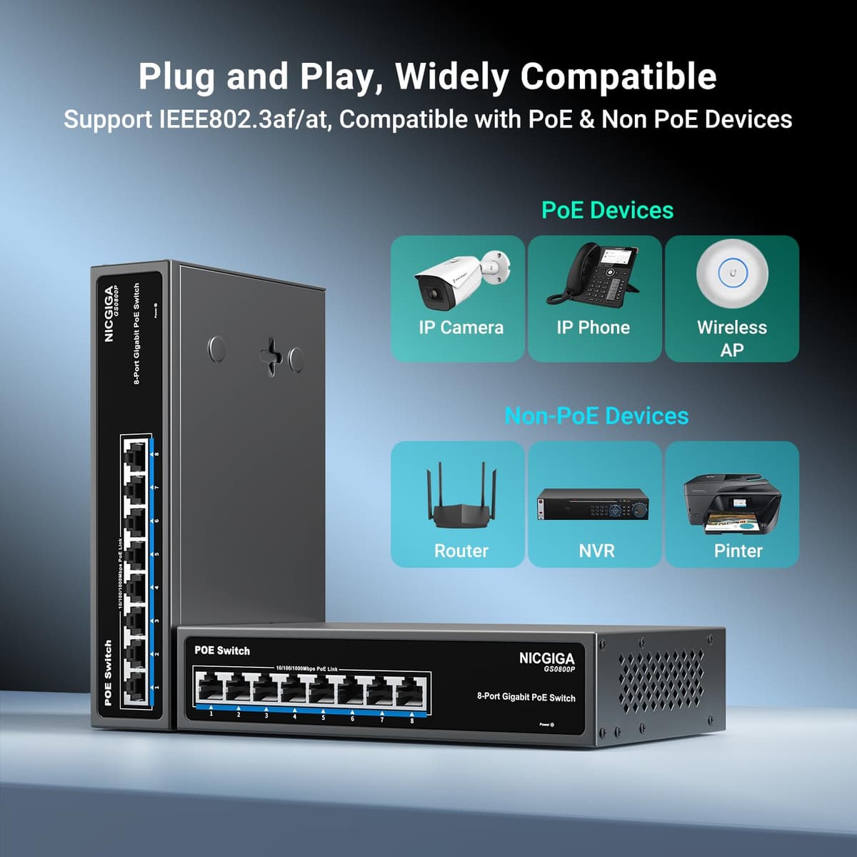 8 Port Gigabit PoE Switch Unmanaged, 8 Ports PoE+@120W, 802.3af/at, NICGIGA 8 Port 1000Mps Network Power Over Ethernet Switch, Fanless. — view 4