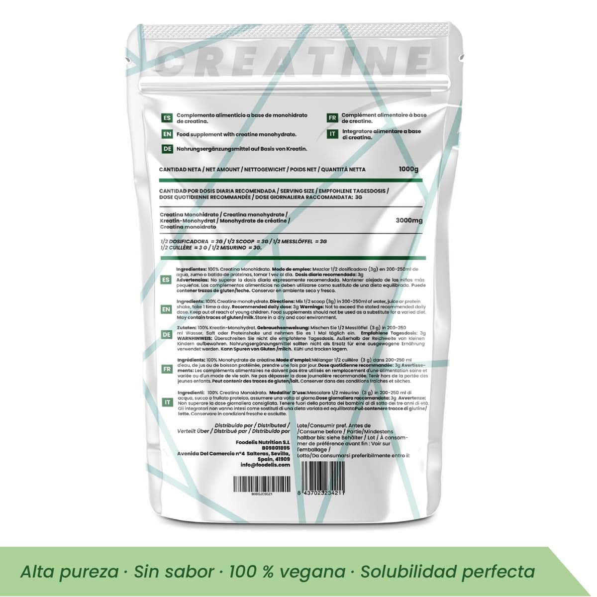 Foodelis Creatina Monohidratada en Polvo 1 kg / 333 Dosis - 100% Creatina Monohidrato Micronizada - Sin Sabor - Pura y Sin Aditivos - No-GMO - Alta Solubilidad - Incluye Dosificador — view 9
