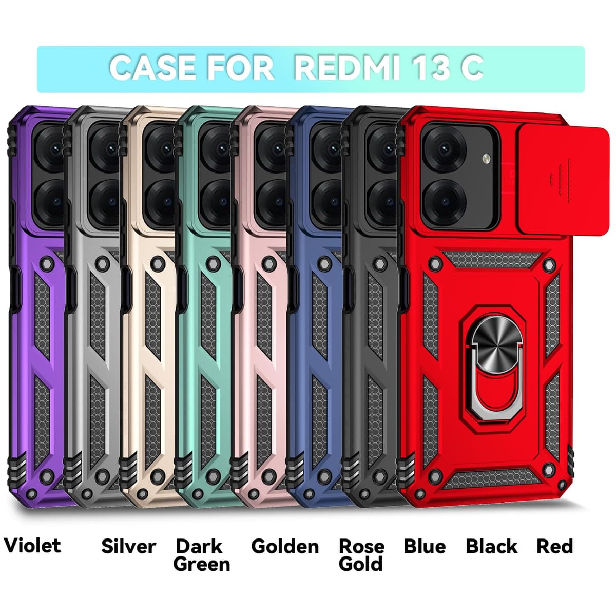 Jiyu Funda Compatible con Xiaomi Redmi 13C/ Poco C65 Carcasă Armor Militar Cubierta de Cámara Deslizante Proteger Fundas con 360 Full Protección Anillo Soporte Silicona Estuche Cover Case,Negro — view 2