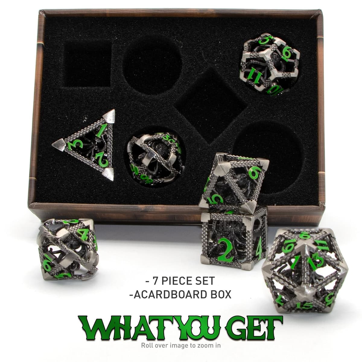 HNCCESG Juego de Dados de Metal D&D, Dungeons and Dragons Dice Juego de Dados de Metal Poliédricos Pulpo Huecos para Juegos de rol D y D para Juegos de Mesa (Cthulhu Número Verde) — view 6