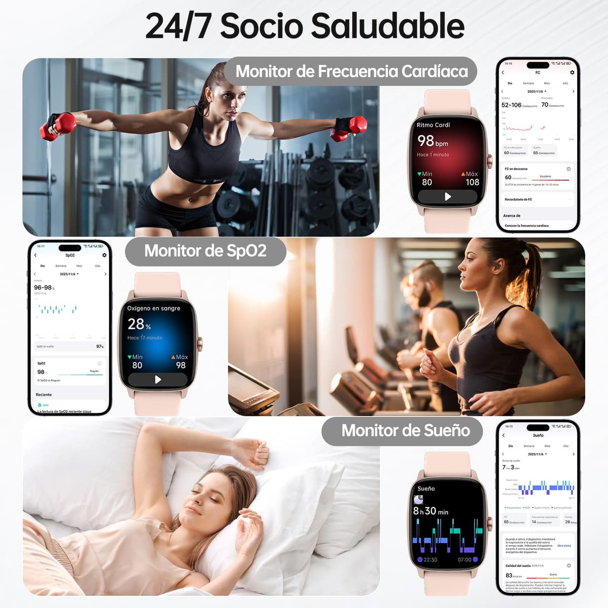 Smart Watch Woman Man with Bluetooth Calls and AI Voice, 1.85 Inch Smartwatch with WhatsApp Notification, Heart Rate Monitor/SpO2/Sleep/Pedometer, 110+ Sports Modes, Waterproof IP68 for iOS/Android — view 3