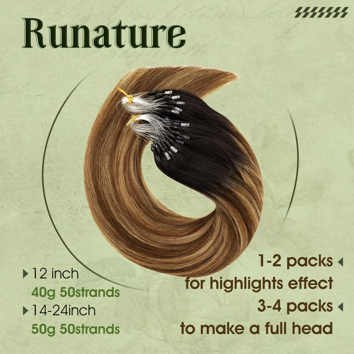 RUNATURE Micro Ring Hair Extensions Brown Balayage Micro Link Extensions Real Human Hair Black Ombre Micro Loop Hair Extensions Human Hair 18 Inch 50 Gram — view 2