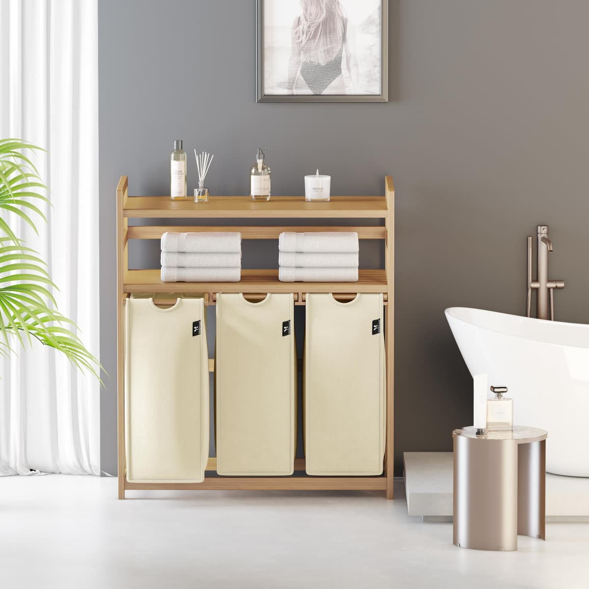 AdelDream Cesto para la colada 150 L 3 compartimentos 2 estantes extraíble y extraíble cremefarben — view 8