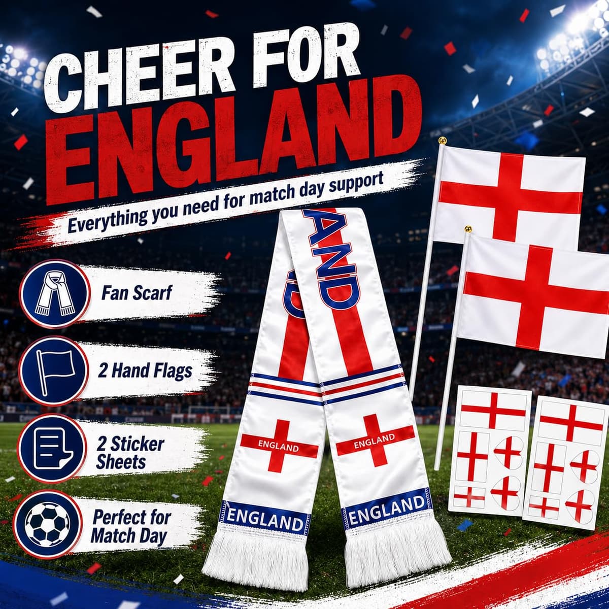 England Fan 5-Piece Set Scarf Flags Tattoos, World Cup 2026 Merchandise, Perfect to Match Your England Football Shirt for Men Women Boys Girls Pub Stadium — view 3