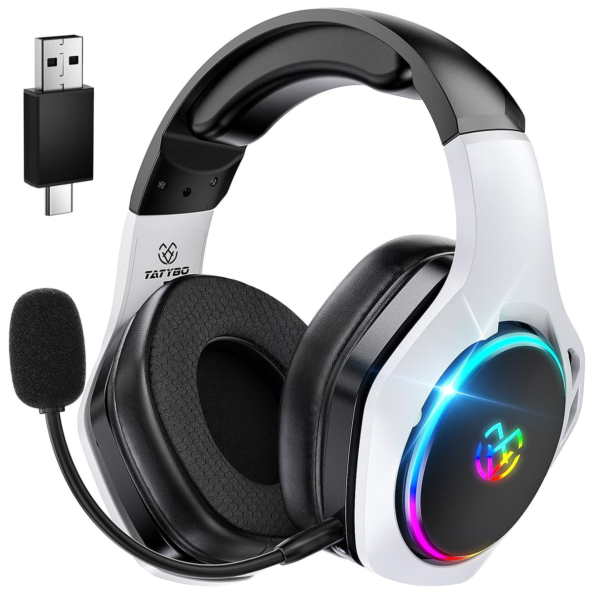 Tatybo Cascos Gaming Inalámbricos para PC/Ps5/Ps4, Auriculares Gaming Inalámbricos con 2,4 GHz+Bluetooth 5,3 Modo Dual, 7.1 Sonido Envolvente, Duración 40Hr+ — view 9