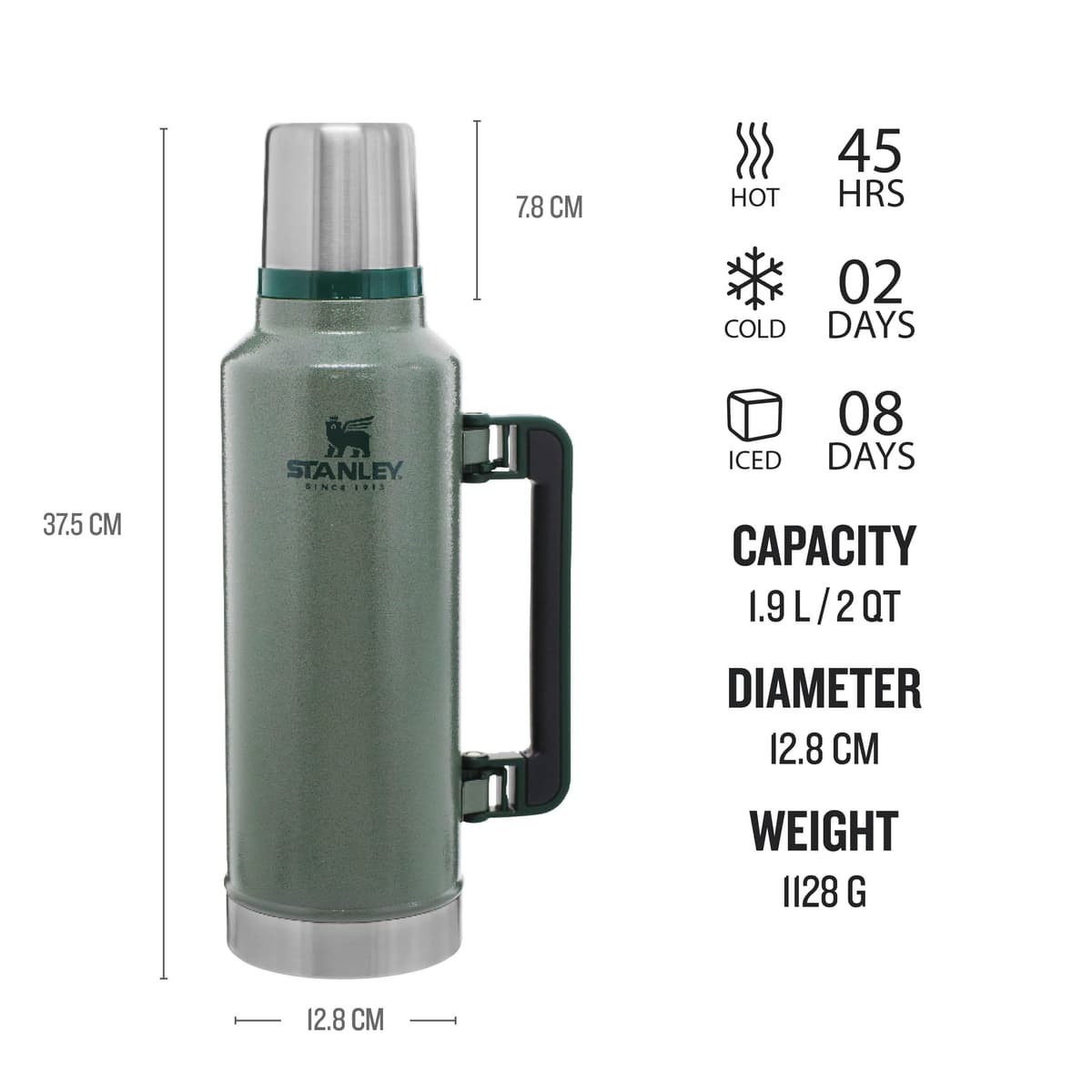 Stanley 1913 Classic Legendary Thermal Flask 1.9L - Keeps Hot Or Cold for 45 Hours - BPA-Free Insulated Bottle - Stainless Steel Coffee Flask - Leakproof - Dishwasher Safe - Green — view 2